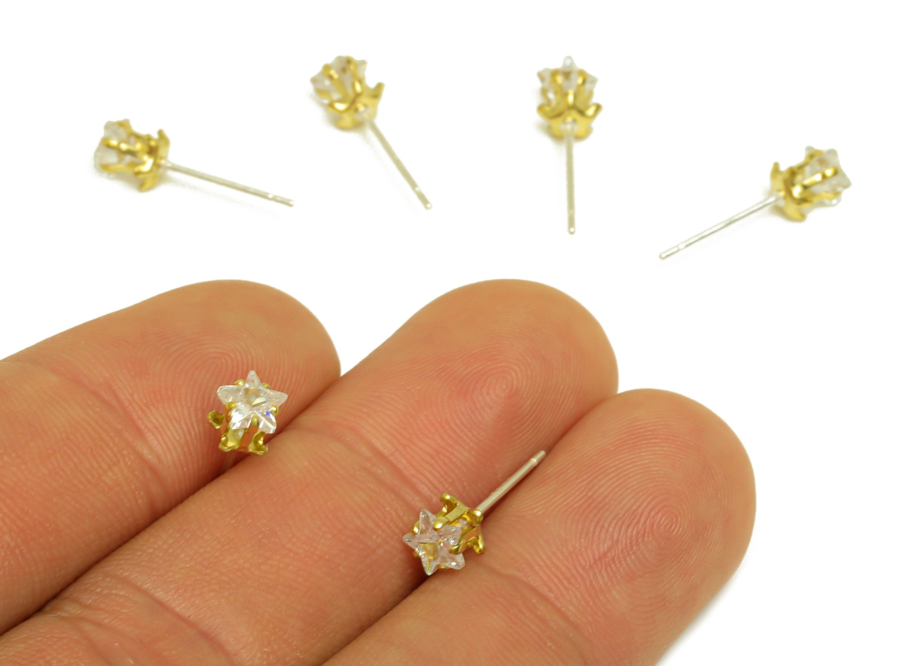 Brass CZ Earring Stud - Raw Brass Star Zircon Earring Post - Brass Cubic Zircon Earring Stud - Flower CZ Post - 5x5x5.3mm - PP10541 - DOMEDBAZAAR