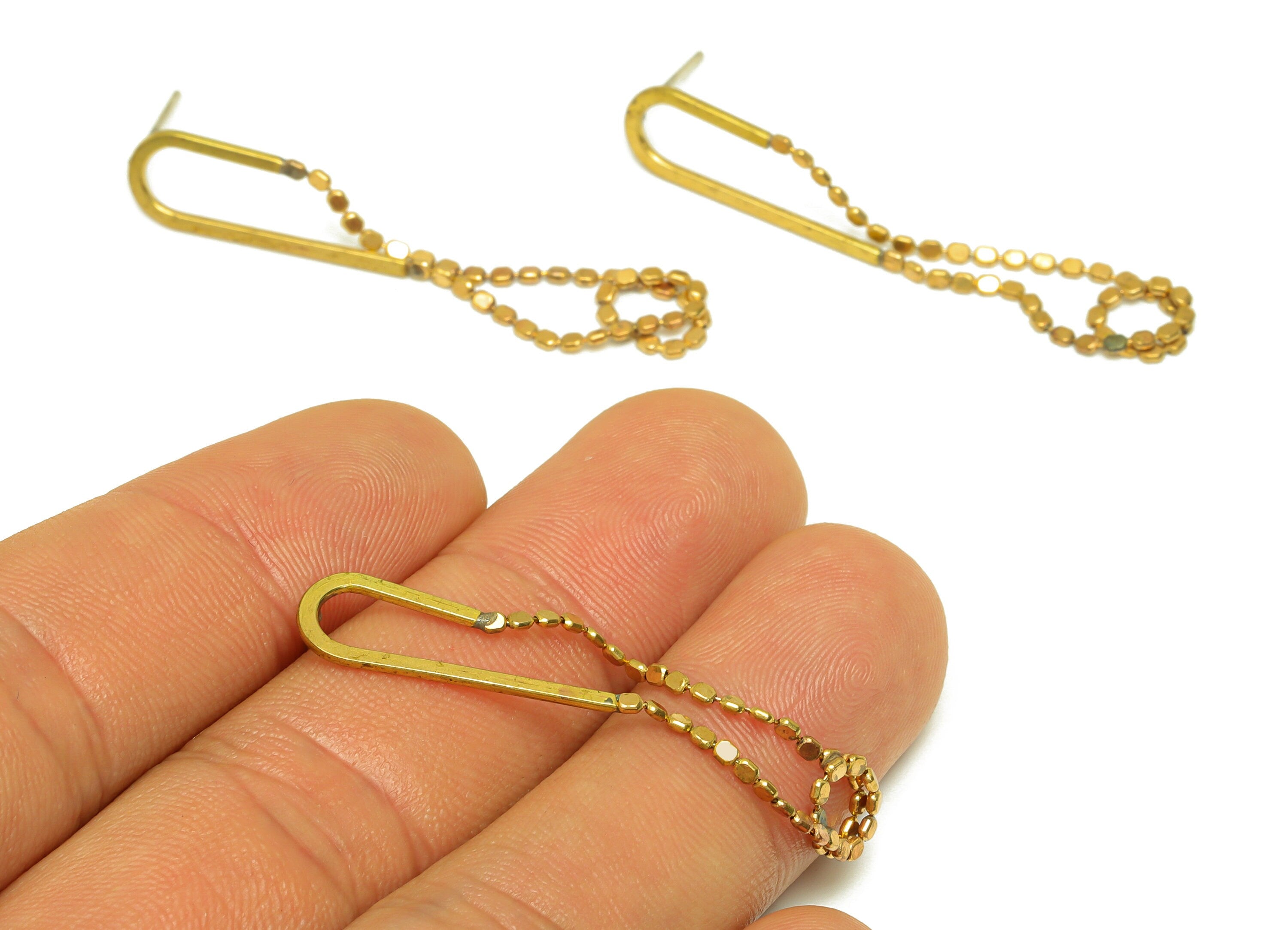 Brass Hoop Earring Stud - Raw Brass Hoop Chain Earring Post - Brass Beaded Chian Earring Stud - Brass Dangle Post - 44x7.9x1mm - PP10600 - DOMEDBAZAAR