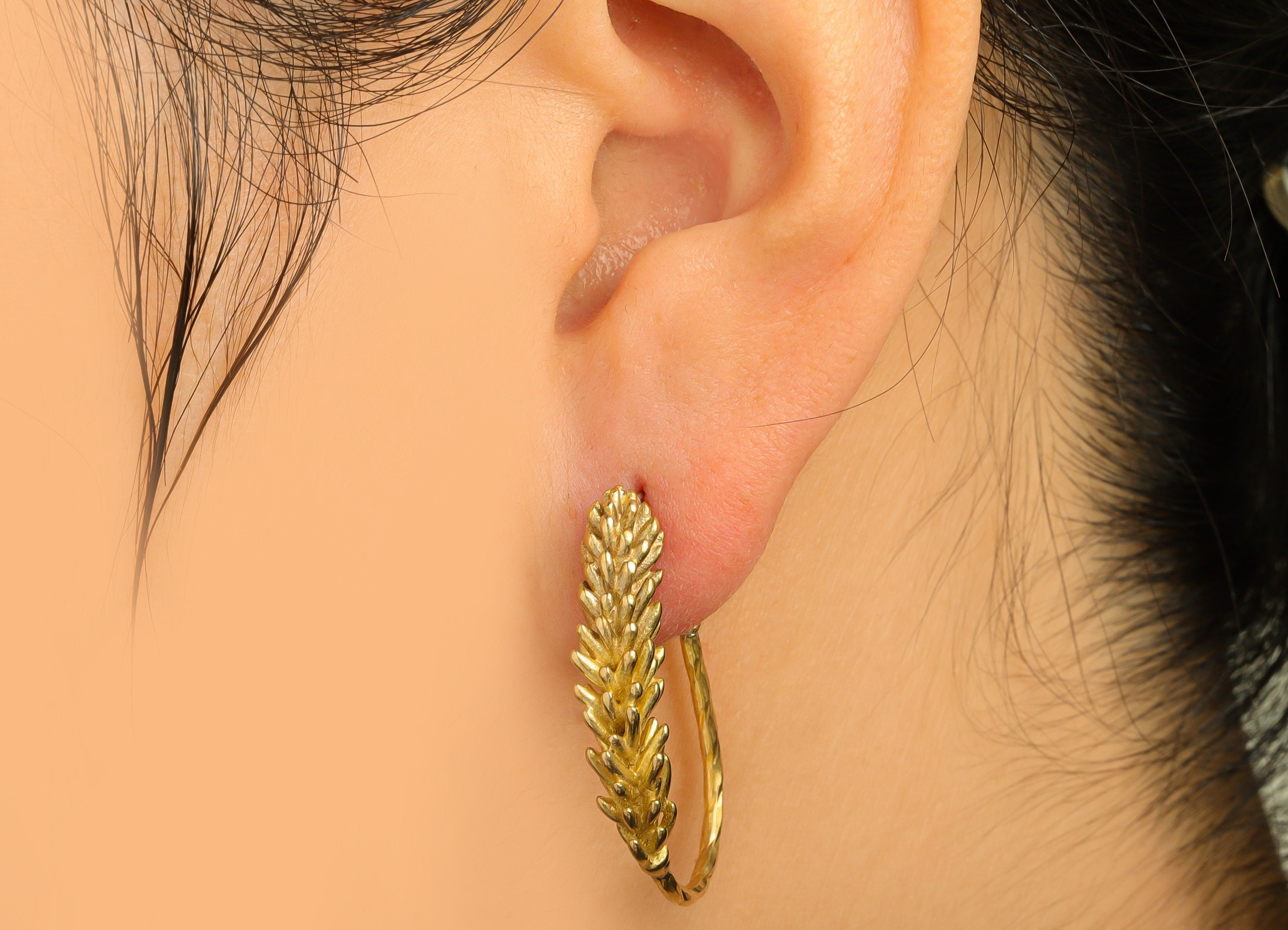 Brass Oval Hoop Earring - Raw Brass Clasp Back Ears Of Wheat Earring - Brass Hoop Clasp Earring - Botanical Clasp - 33x21x5.8mm - PP10614 - DOMEDBAZAAR