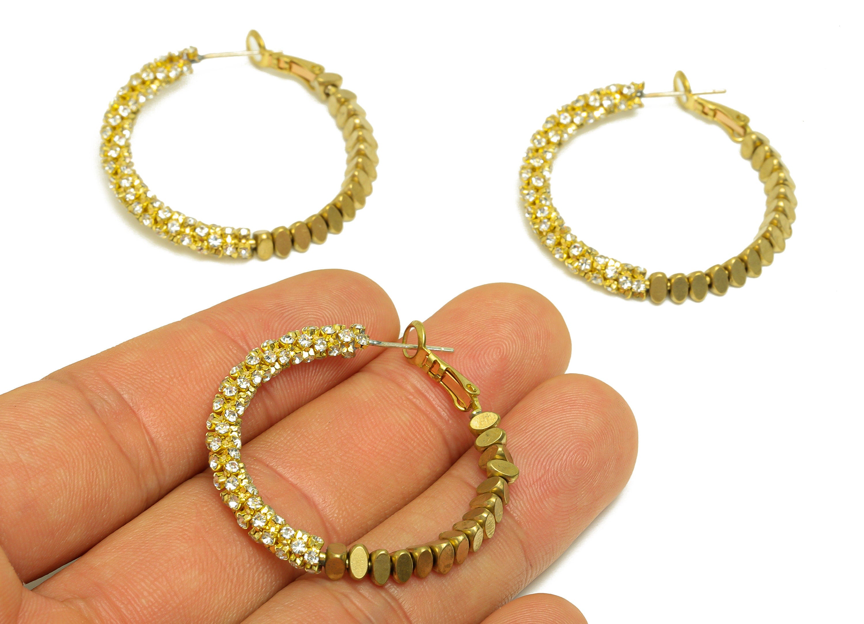 Brass CZ Hoop Earring - Raw Brass Clasp Chian Zircon Earring - Brass Beaded Hoop Clasp Earring - Cubic Zircon Clasp - 36x34x4.5mm - PP10595 - DOMEDBAZAAR