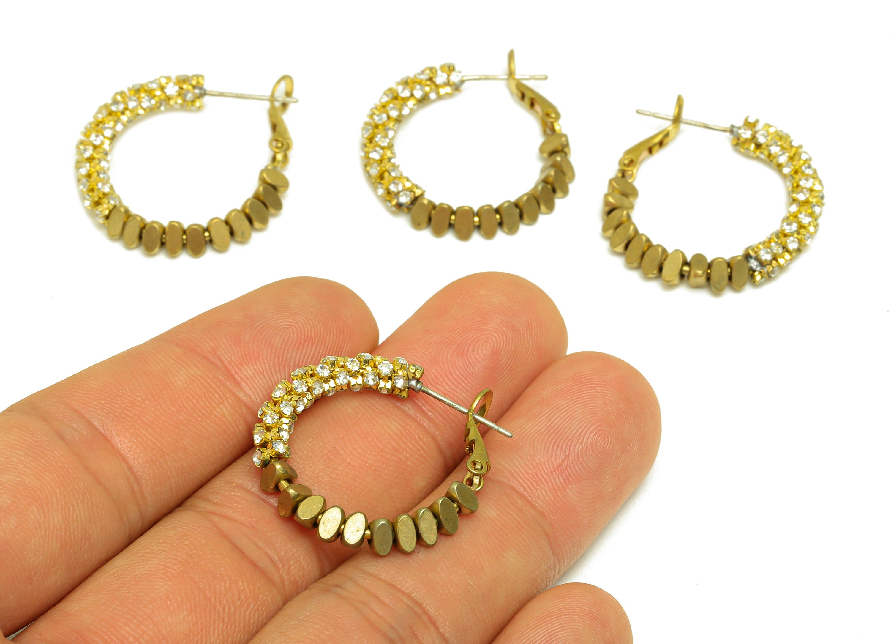 Brass CZ Hoop Earring - Raw Brass Clasp Chian Zircon Earring - Brass Beaded Hoop Clasp Earring - Cubic Zircon Clasp - 27.5x25x4mm - PP10598 - DOMEDBAZAAR