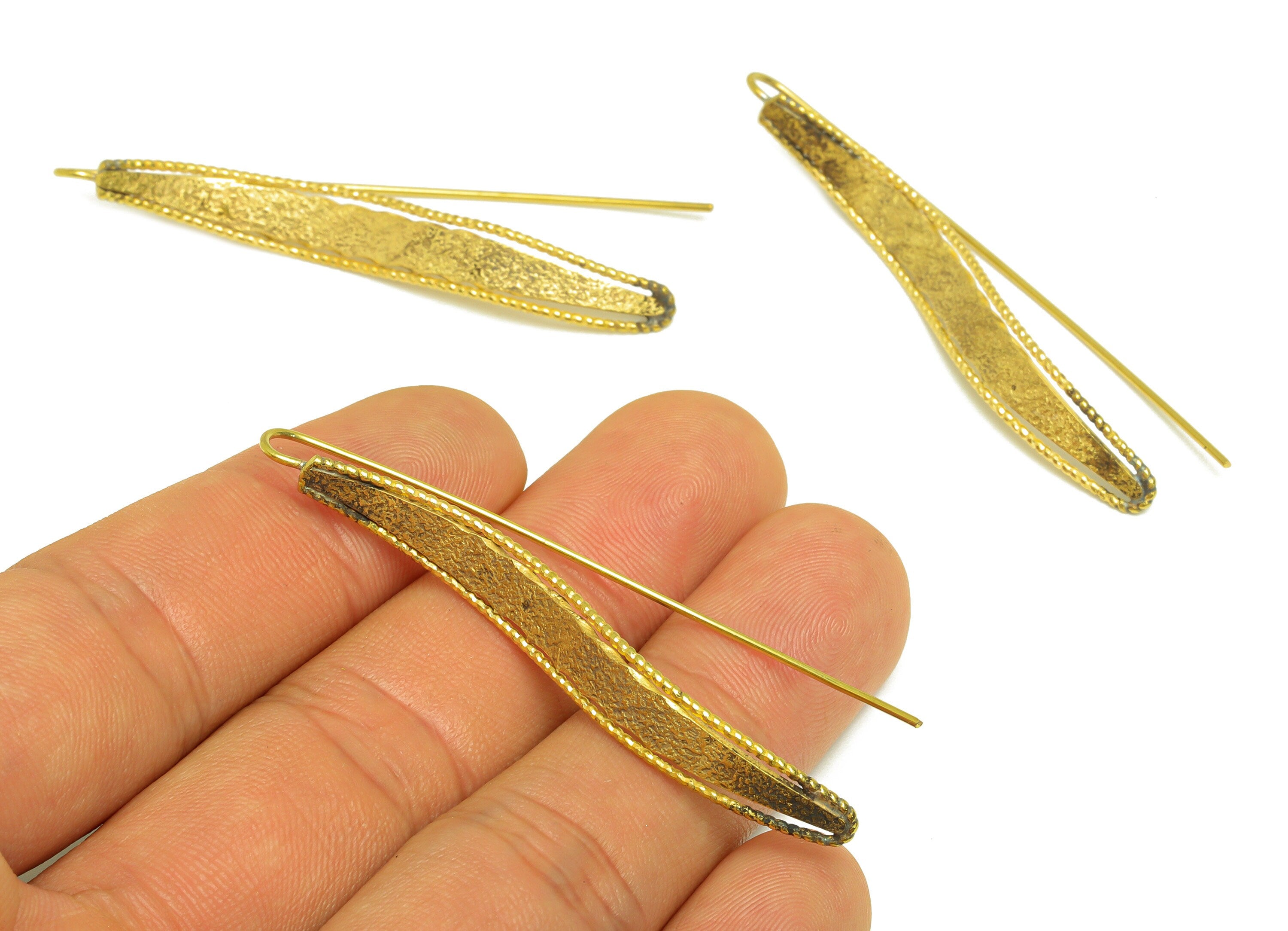 Brass Earring Wire Hook - Raw Brass Bent Marquise Ear Wire - Brass Textured Hook Ear Wire - Brass Hook Ear Wire - 52.8x7x1.2mm - PP10563 - DOMEDBAZAAR