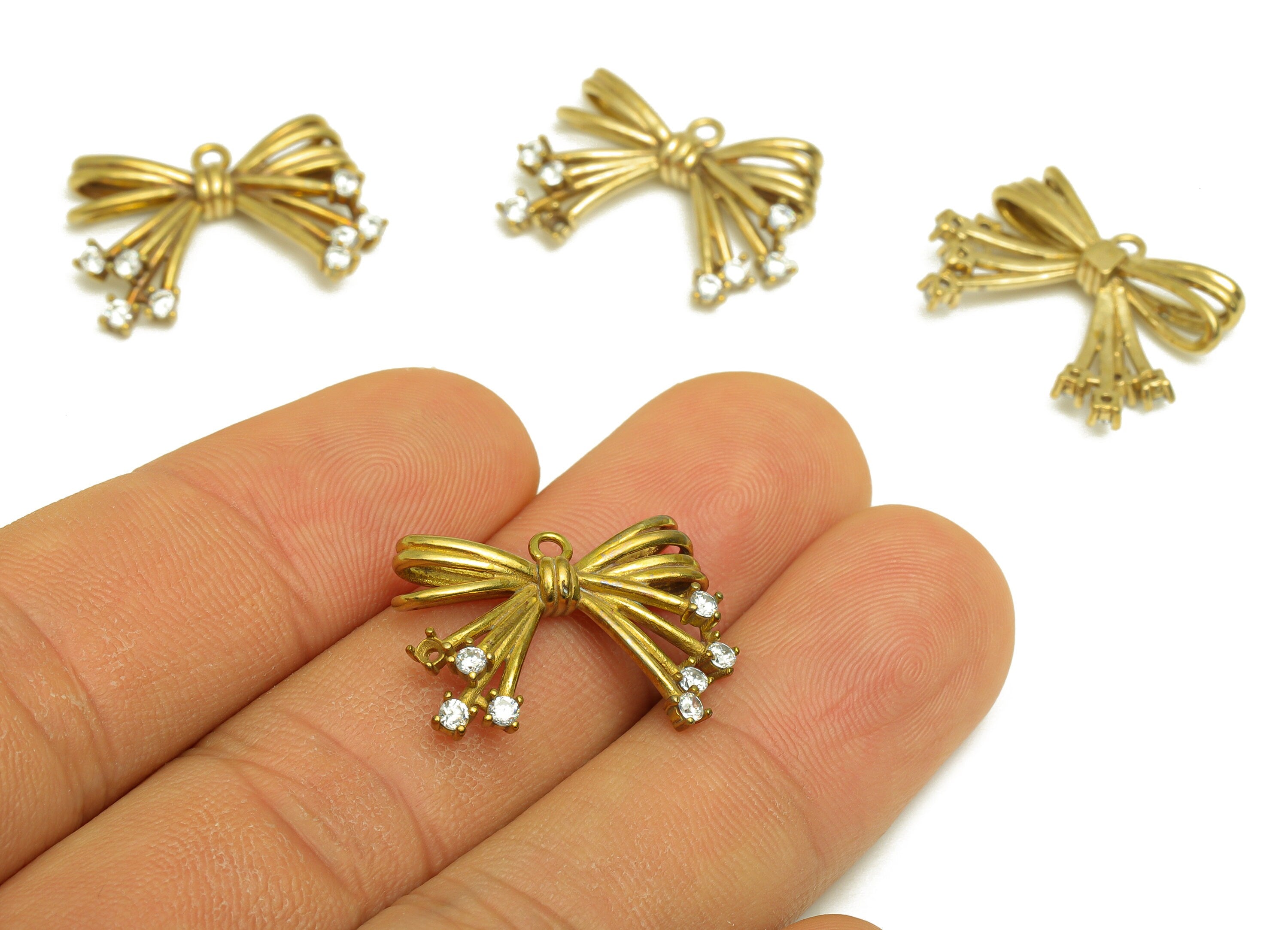 Brass CZ Bow Tie Earring Charm - Raw Brass Zircon Bow Tie Earring Charm - Brass Cubic Zircon Pendant - Brass Zircon Charm -16x23x4mm-PP10469 - DOMEDBAZAAR