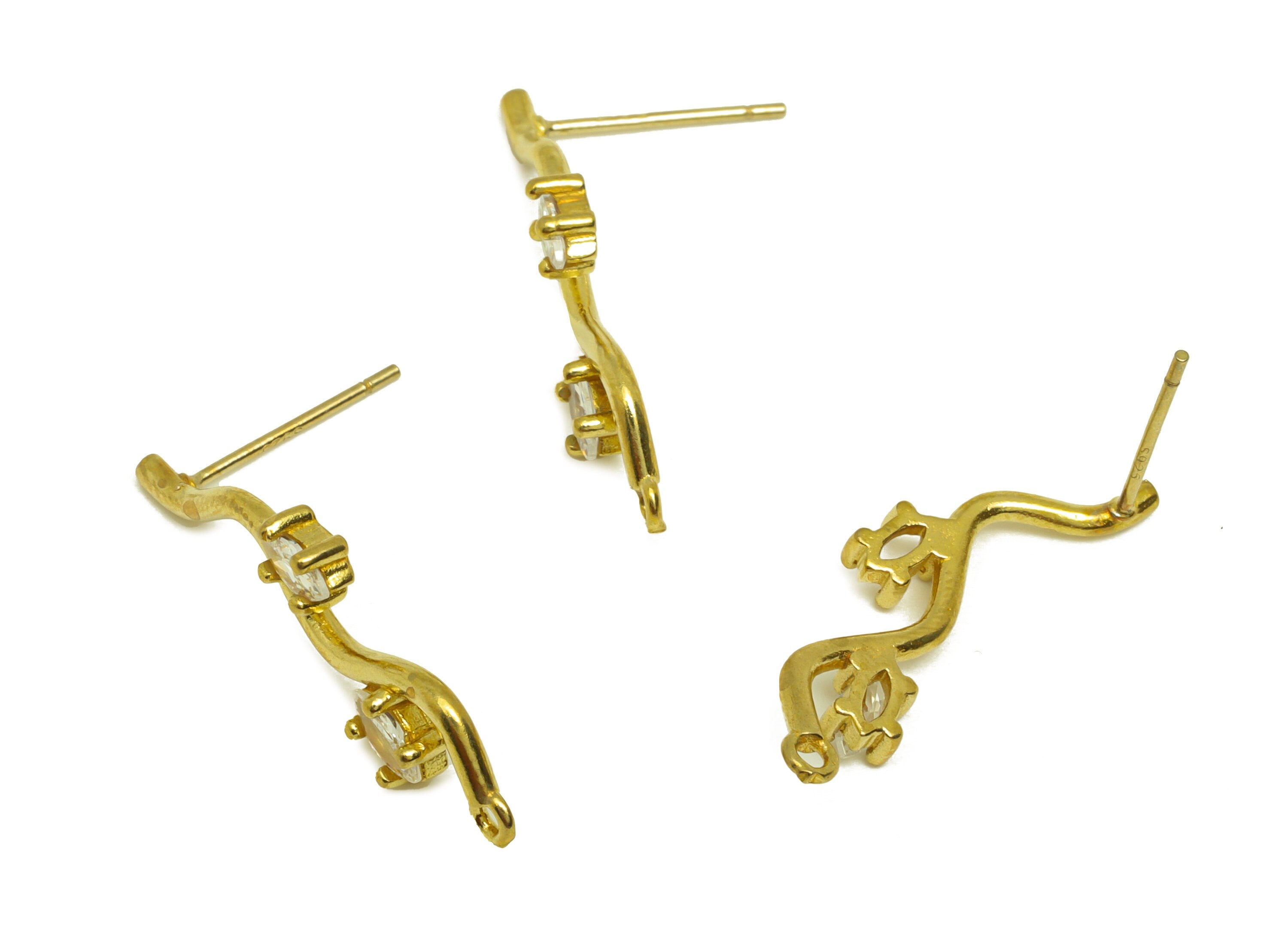 Brass CZ Wavy Wire Earring Stud - Raw Brass Marquise Earring Post With Loop - Cubic Zircon Earring Stud - Bent Wire Post - 26x8x3mm -PP10639 - DOMEDBAZAAR