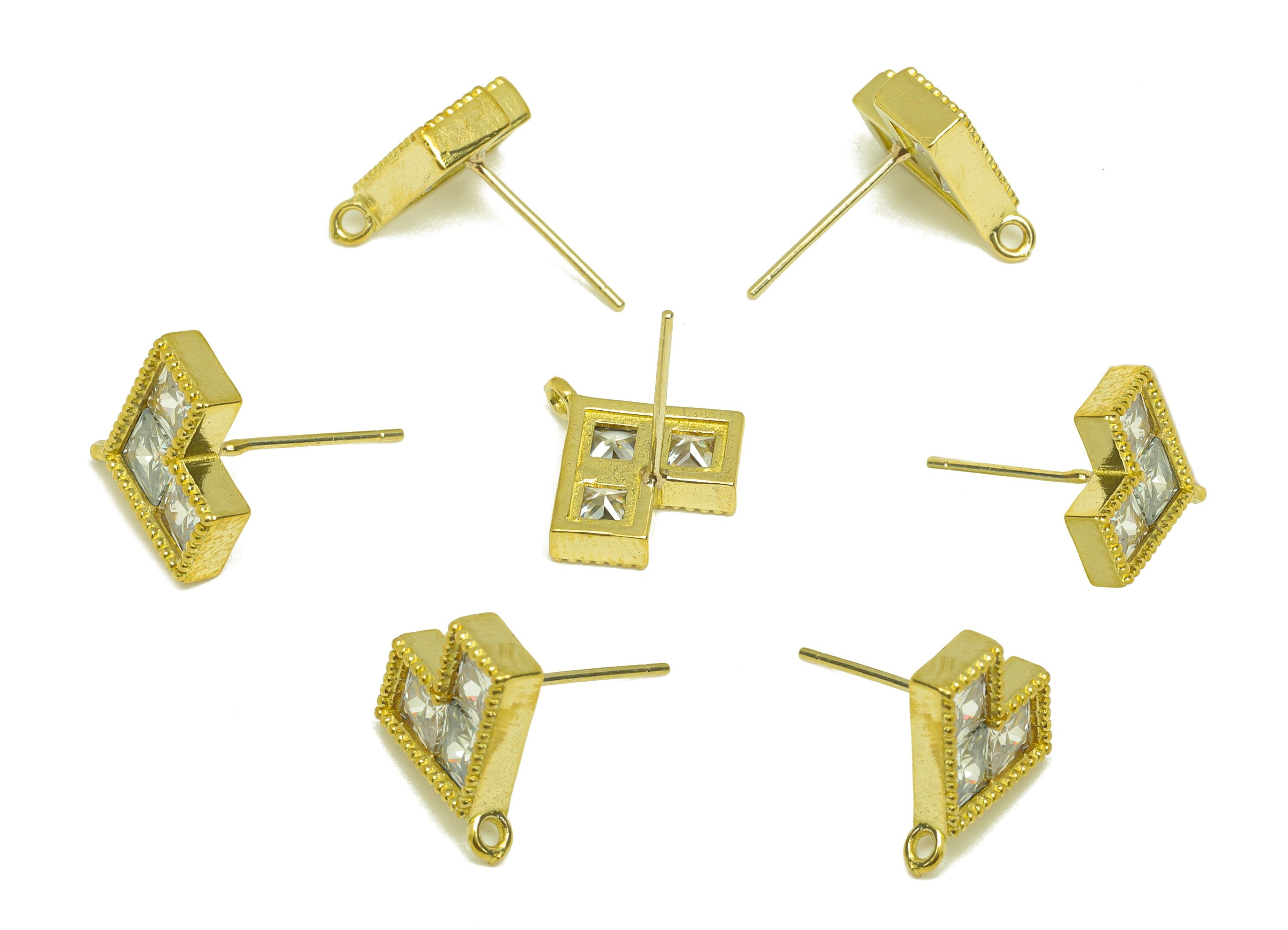 Brass CZ Heart Earring Stud - Raw Brass Square Earring Post With Loop - Brass Textured Heart Zircon Earring Stud - 12.9x13.75x3mm - PP10637 - DOMEDBAZAAR