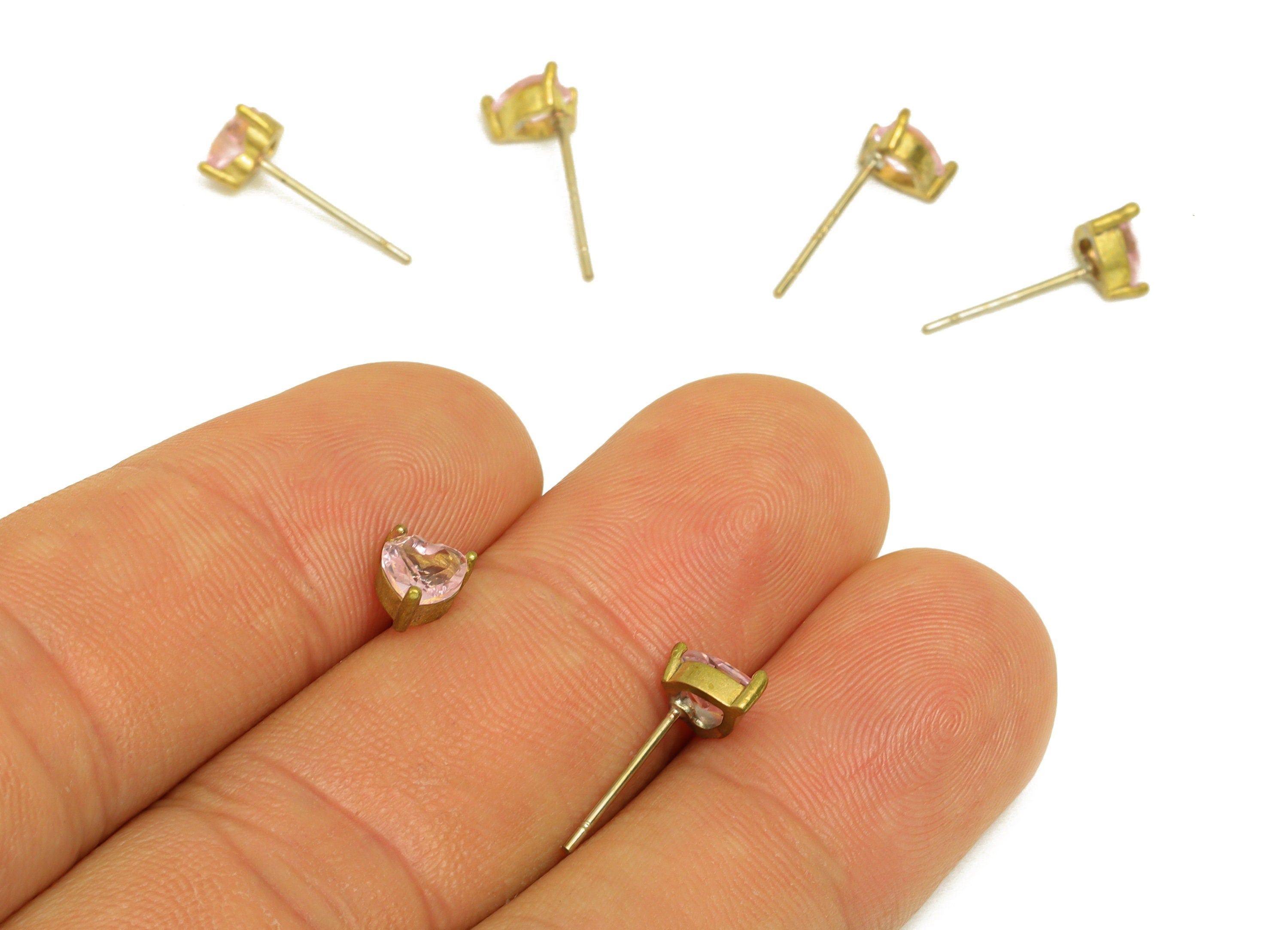 Brass Heart Earring Stud - Raw Brass Pink Heart Earring Post - Brass Pink Heart Glass Earring Stud - Pink Diamond Post - 12x13x3mm - PP10651 - DOMEDBAZAAR