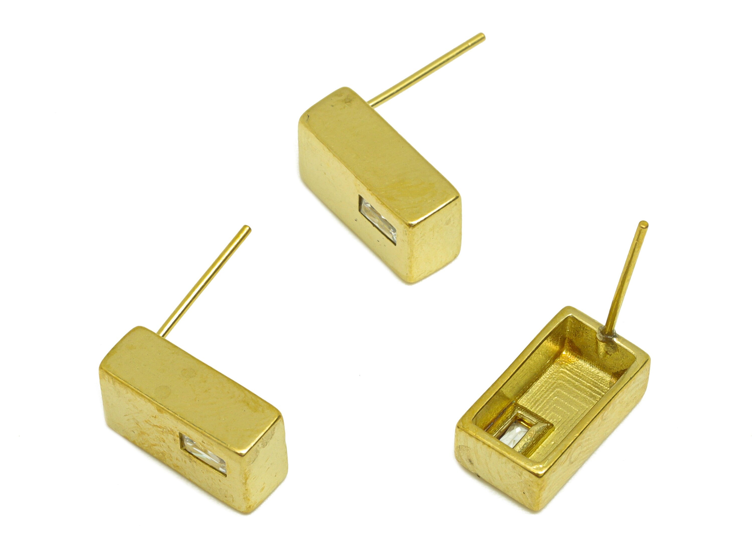 Brass CZ Rectangle Earring Stud - Raw Brass Zircon Rectangle Earring Post - Brass Geometry Zircon Earring Stud - 12.7x7.2x4.8mm - PP10642 - DOMEDBAZAAR