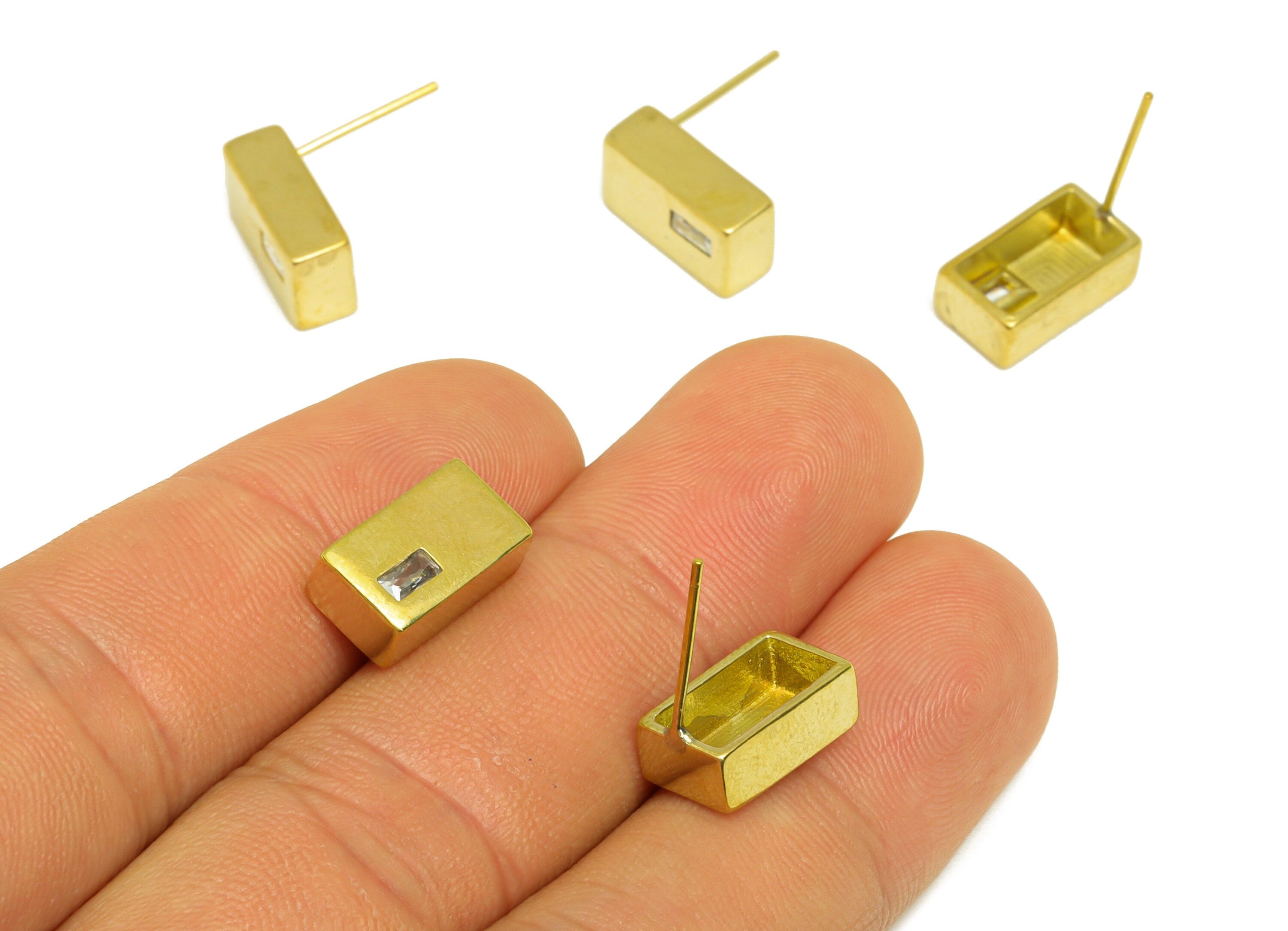 Brass CZ Rectangle Earring Stud - Raw Brass Zircon Rectangle Earring Post - Brass Geometry Zircon Earring Stud - 12.7x7.2x4.8mm - PP10642 - DOMEDBAZAAR
