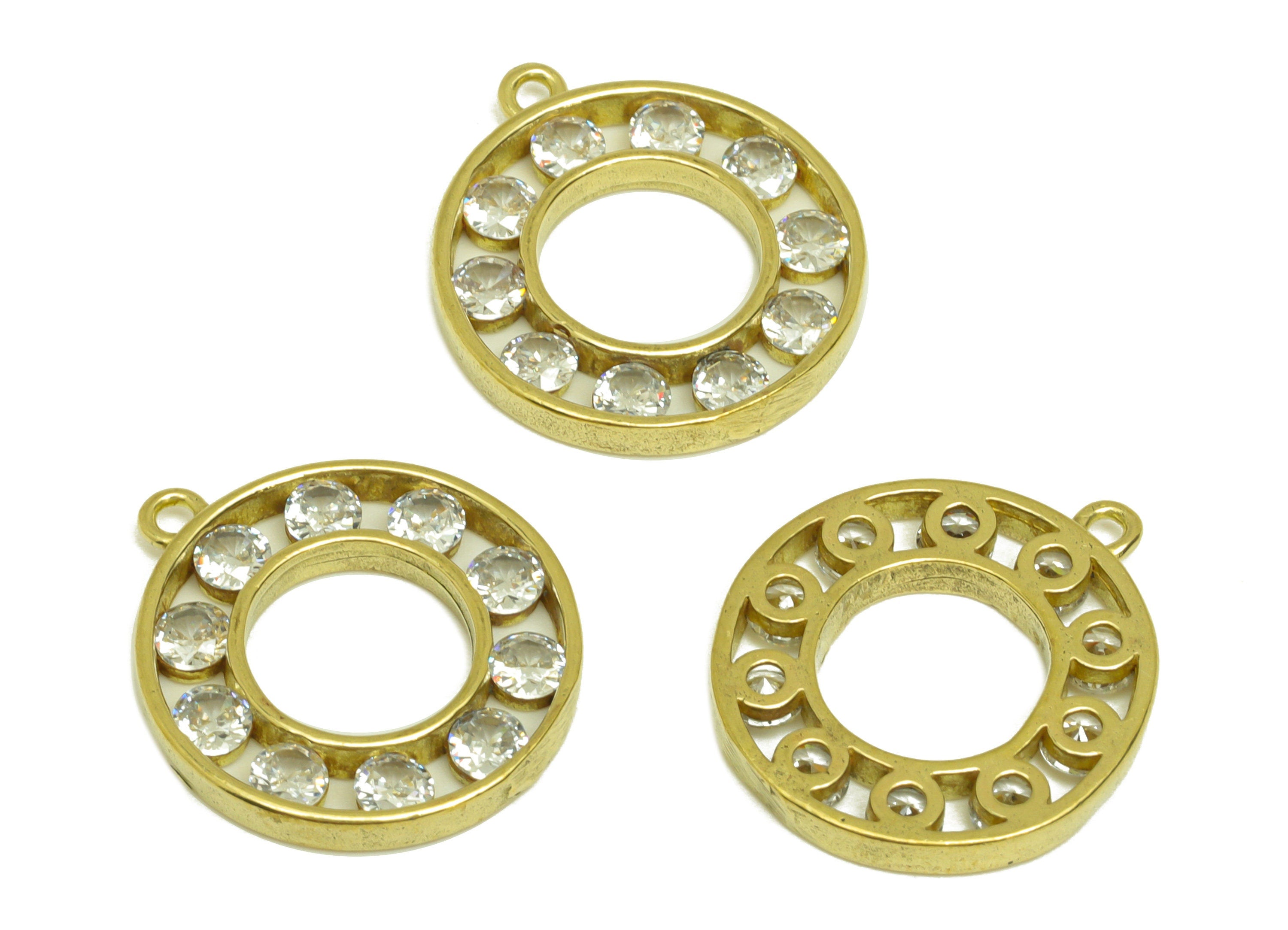 Brass CZ Round Earring Charm - Raw Brass Cubic Zircon Circle Earring Charms - Brass Geometry Pendant - For Pendant - 19.38x17x2mm - PP10661 - DOMEDBAZAAR