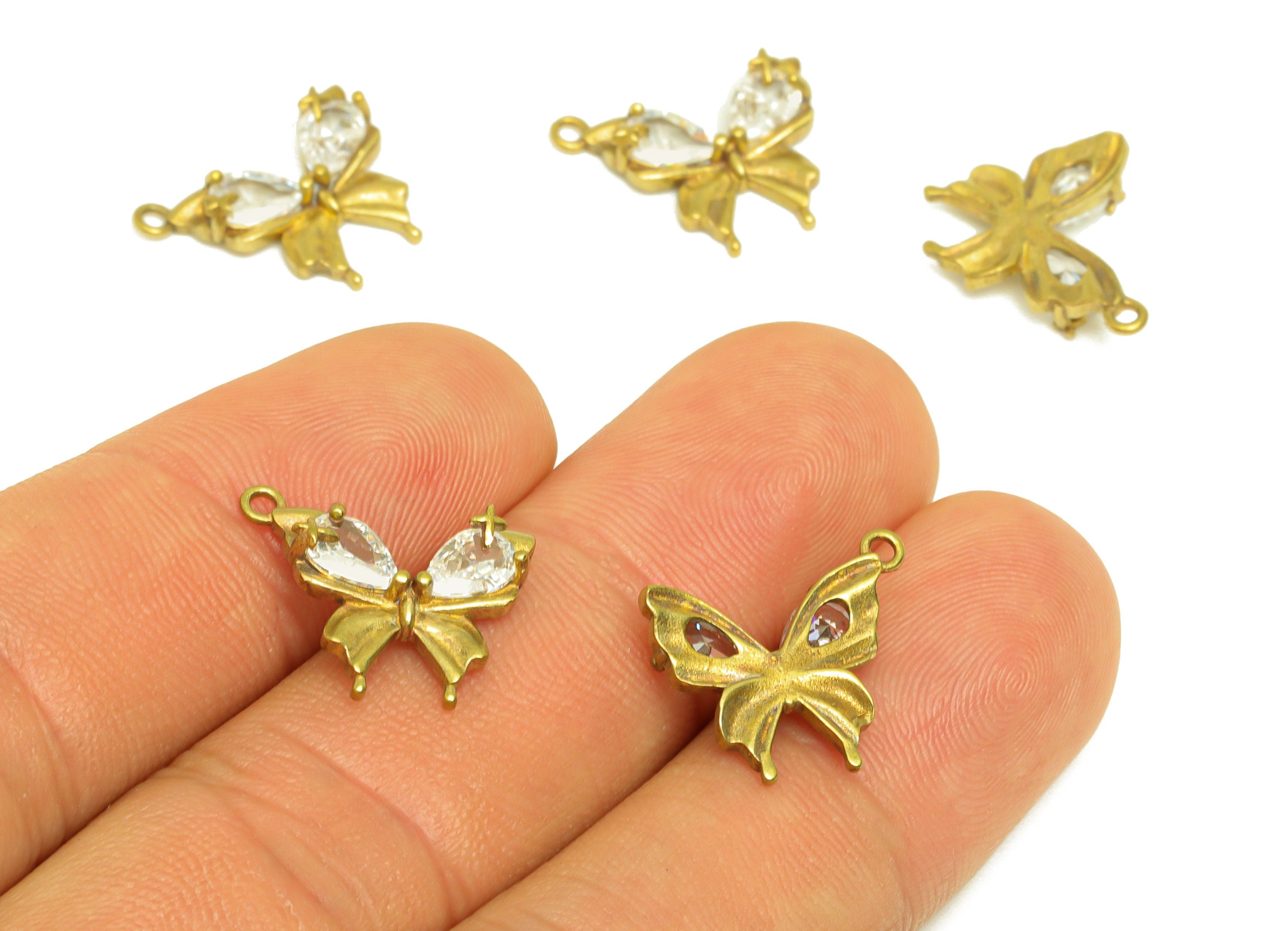 Brass CZ Drop Earring Charm - Raw Brass Teardrop Cubic Zircon Earring Charms - Brass Butterfly Bow Earring Charm - 16.5x13.4x3mm- PP10663 - DOMEDBAZAAR