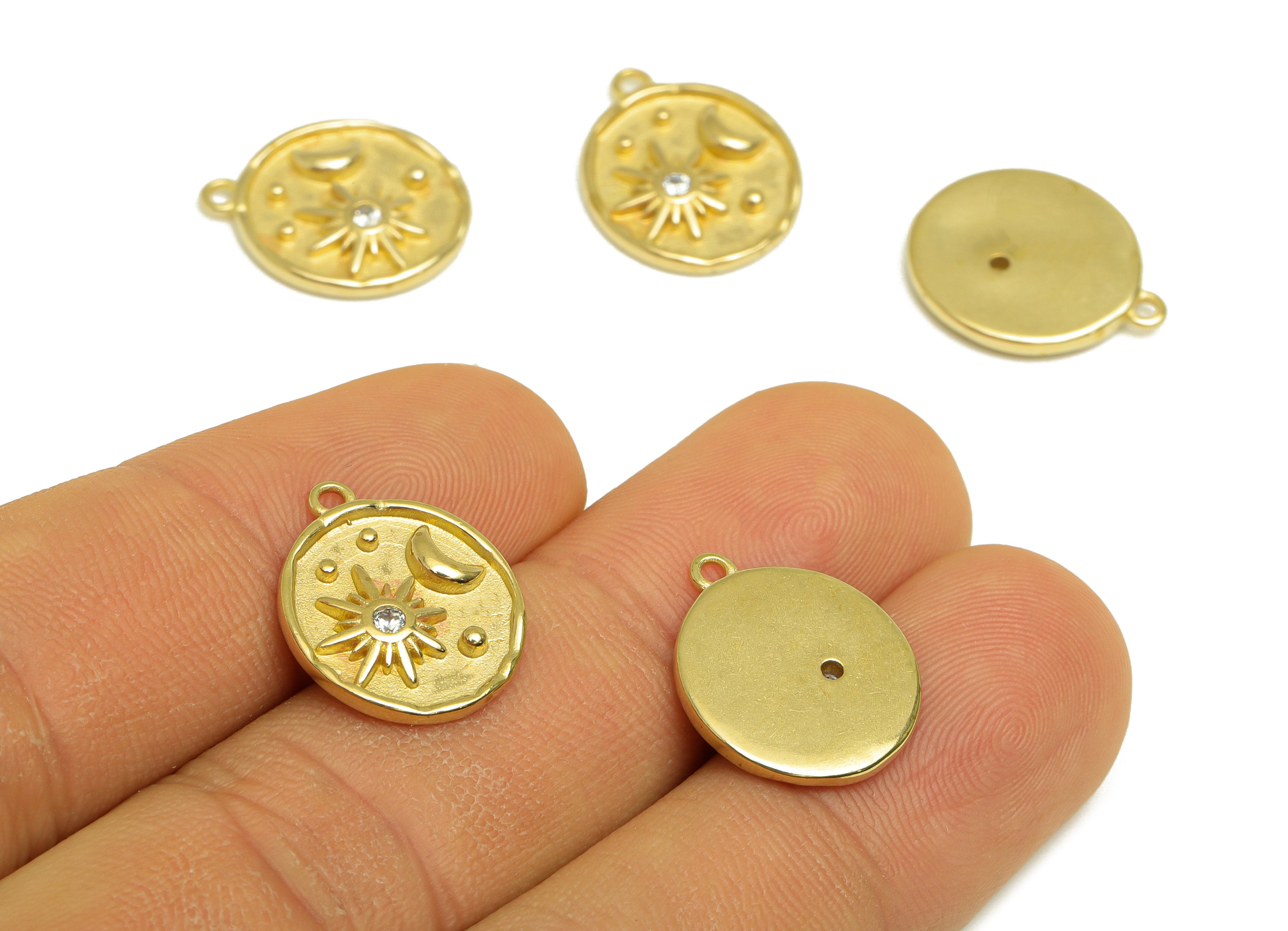 Brass CZ Sun Earring Charm - Raw Brass Crescent Earring Charm - Brass Space Celestial Pendant - Brass Cubic Zircon Charm - 19x13x3mm-PP10488 - DOMEDBAZAAR