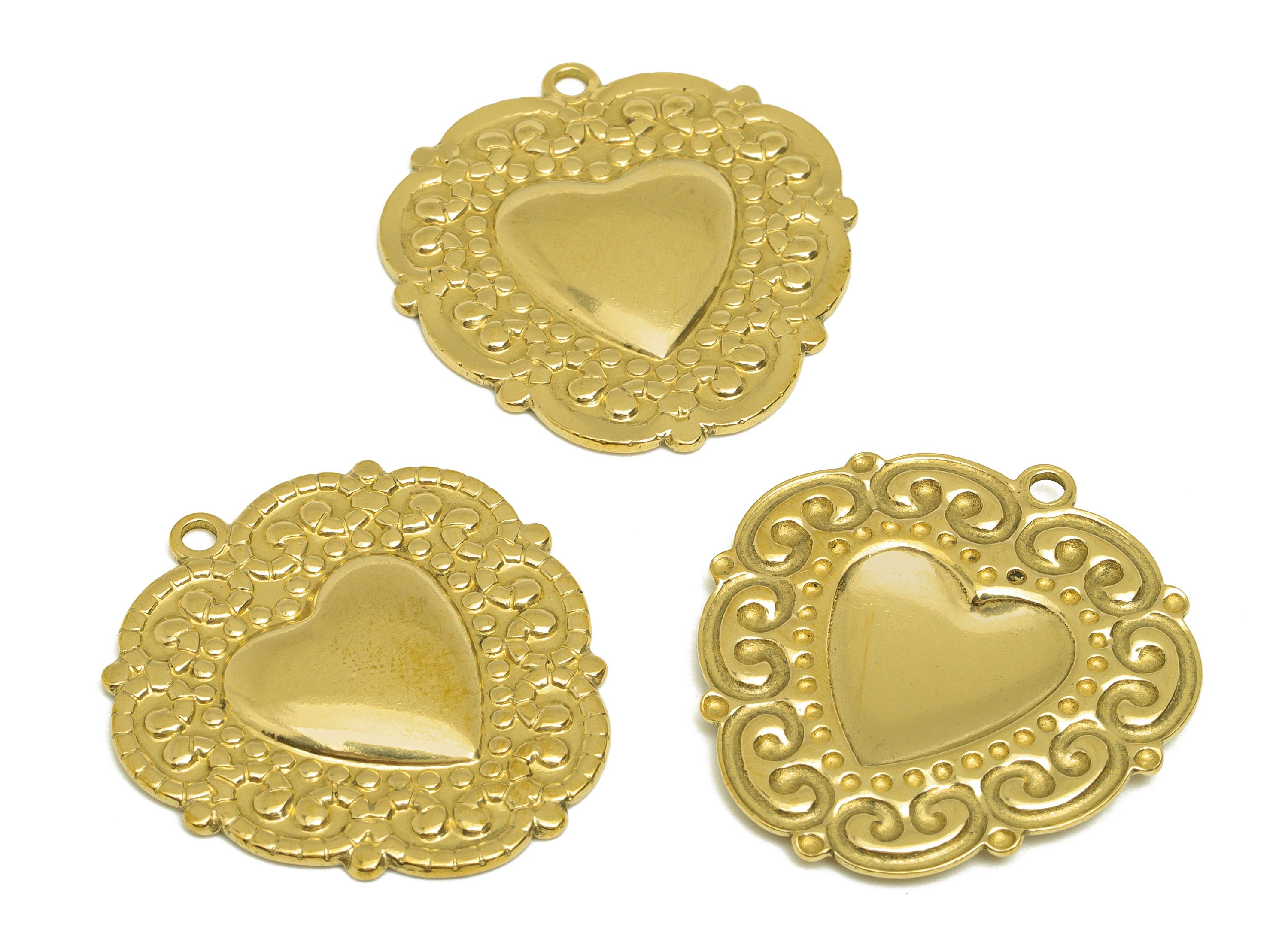 Brass Heart Earring Charm - Raw Brass Vintage Looking Heart Earring Charms - Brass Textured Lace Heart Pendant - 33.5x31.6x2.7mm - PP10679 - DOMEDBAZAAR