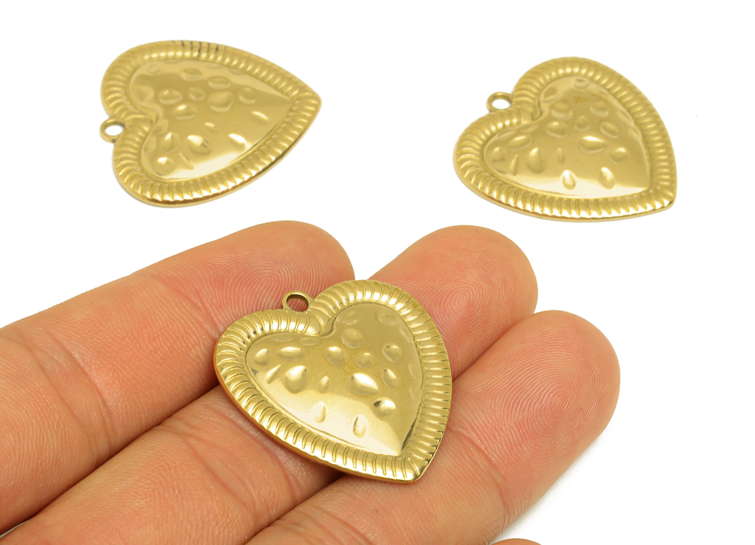 Brass Heart Earring Charm - Raw Brass Vintage Looking Heart Earring Charms - Brass Textured Lace Heart Pendant - 29x28x2.77mm - PP10682 - DOMEDBAZAAR