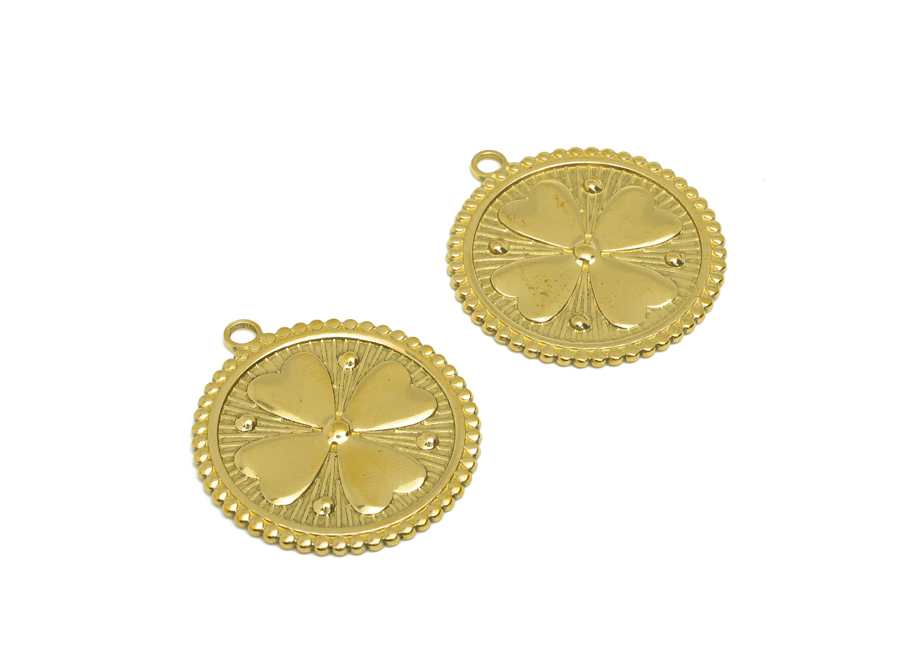 Brass Four Leaf Clover Earring Charm - Raw Brass Vintage Looking Earring Charms - Brass Round Textured Heart Pendant - 33.45x30x1mm- PP10677 - DOMEDBAZAAR