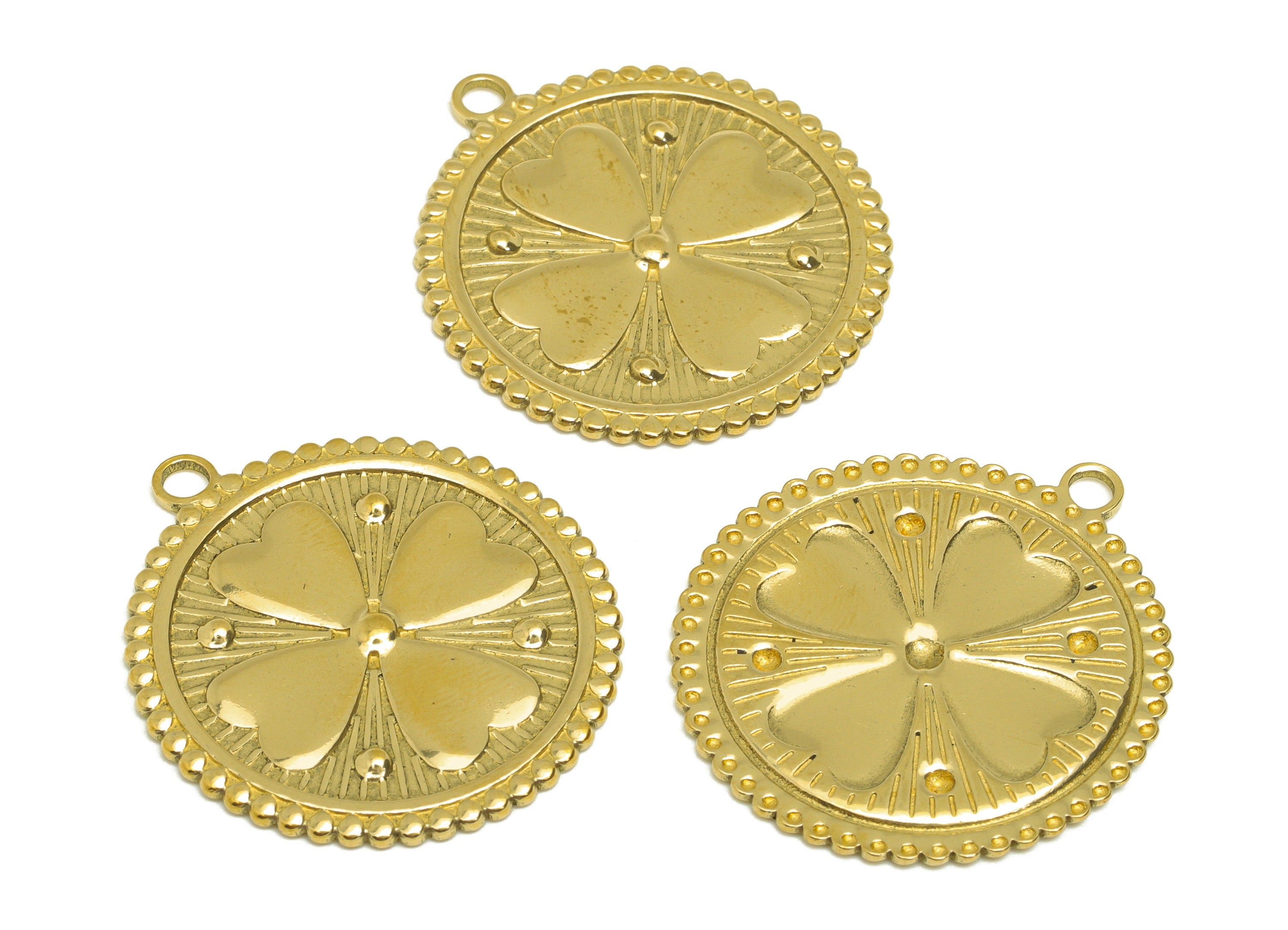 Brass Four Leaf Clover Earring Charm - Raw Brass Vintage Looking Earring Charms - Brass Round Textured Heart Pendant - 33.45x30x1mm- PP10677 - DOMEDBAZAAR