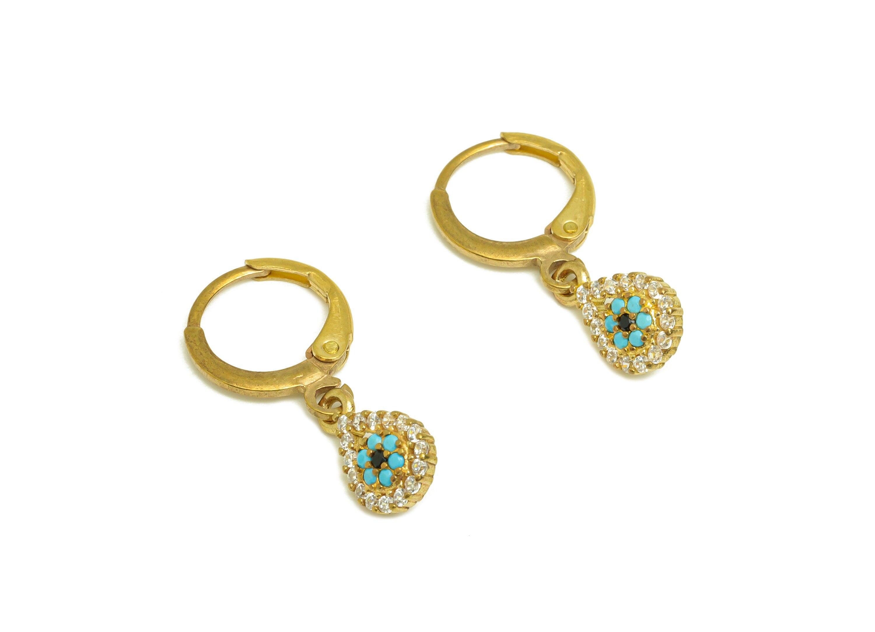 Brass Hoop Earring Charm - Brass Teardrop Cubic Zircon Huggie Hoop Clasp - Brass CZ Lever back Drop Eye Clasp - 11.5x7x2.4mm - PP10667 - DOMEDBAZAAR