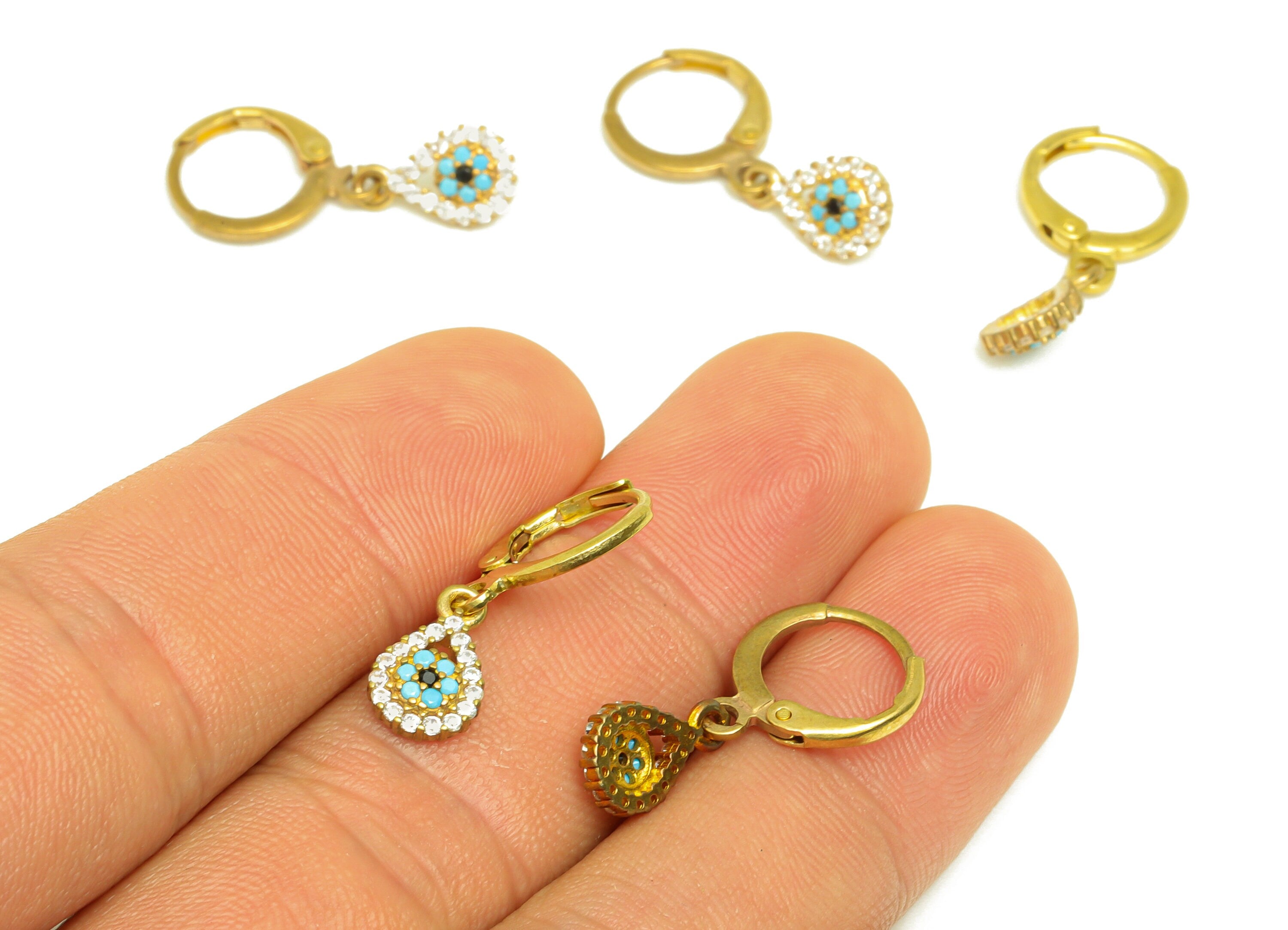 Brass Hoop Earring Charm - Brass Teardrop Cubic Zircon Huggie Hoop Clasp - Brass CZ Lever back Drop Eye Clasp - 11.5x7x2.4mm - PP10667 - DOMEDBAZAAR