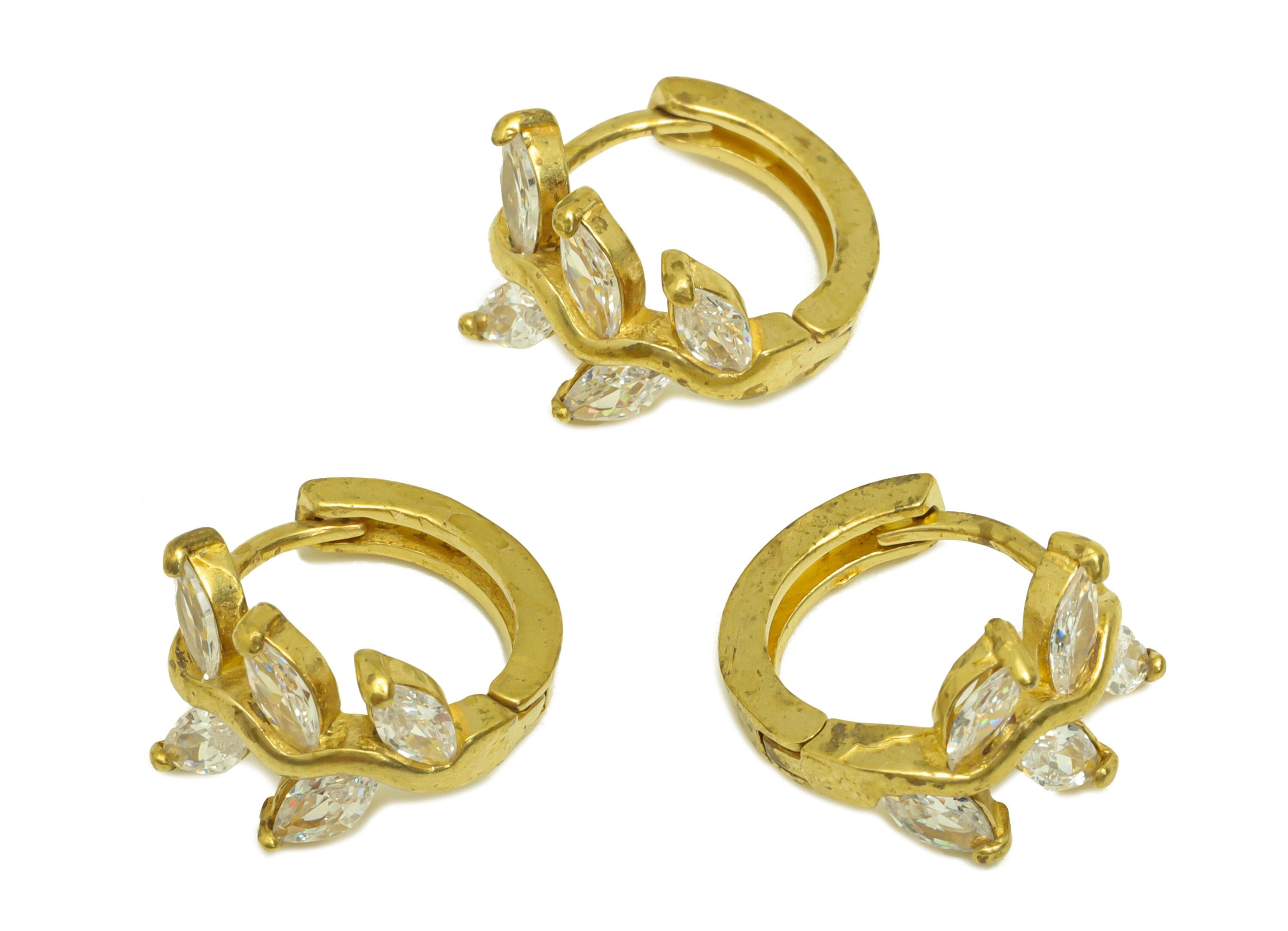 Brass Hoop Earring Charm - Brass Branch Cubic Zircon Huggie Earring Hoop - Brass CZ Marquise Hoop Clasp Earring - 14.5x9x3.5mm - PP10672 - DOMEDBAZAAR