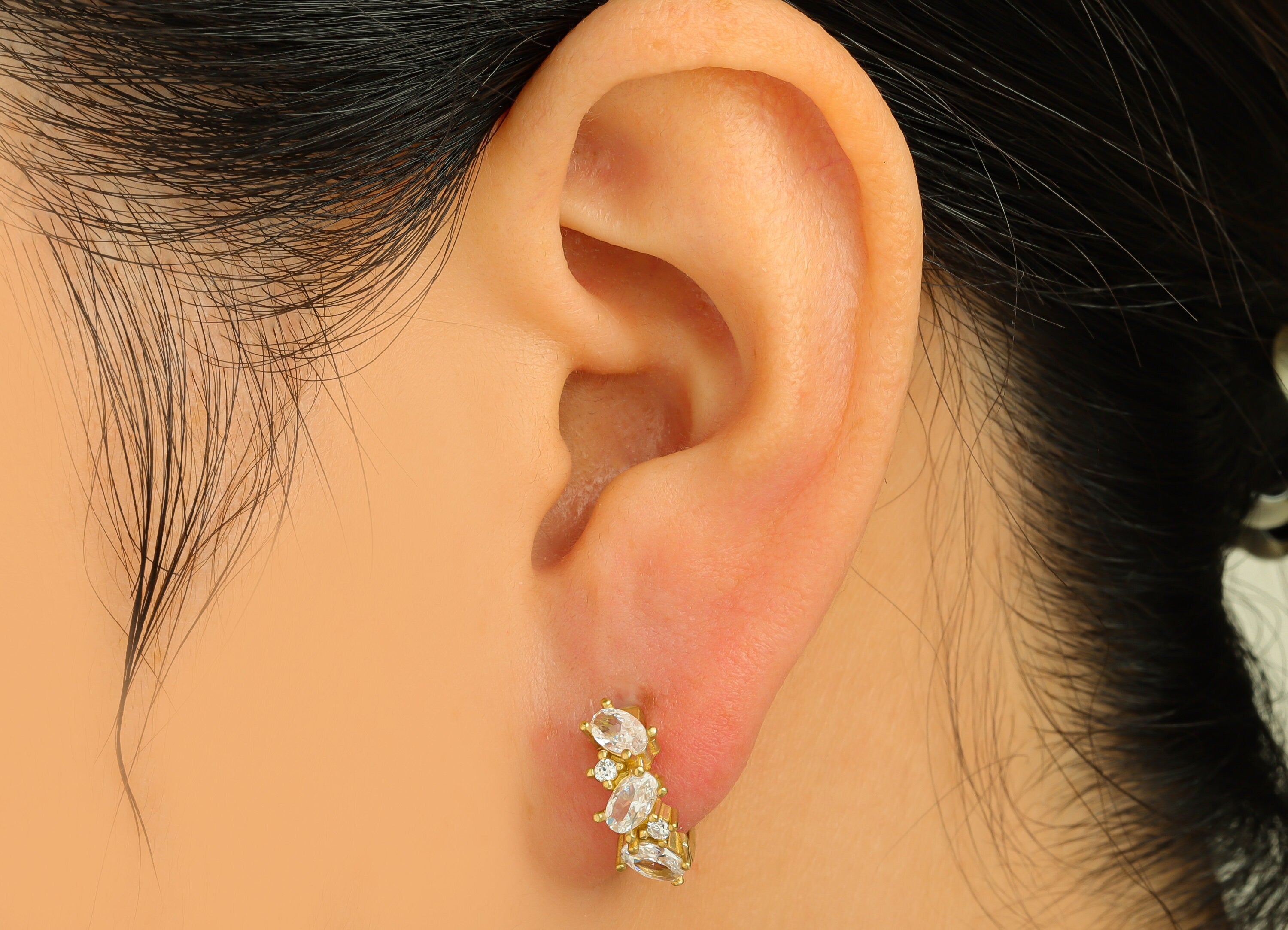 Brass Hoop Earring Charm - Brass Oval Cubic Zircon Huggie Earring Hoop - Brass CZ Oval Hoop Clasp Earring - 15x5.5x3mm - PP10669 - DOMEDBAZAAR