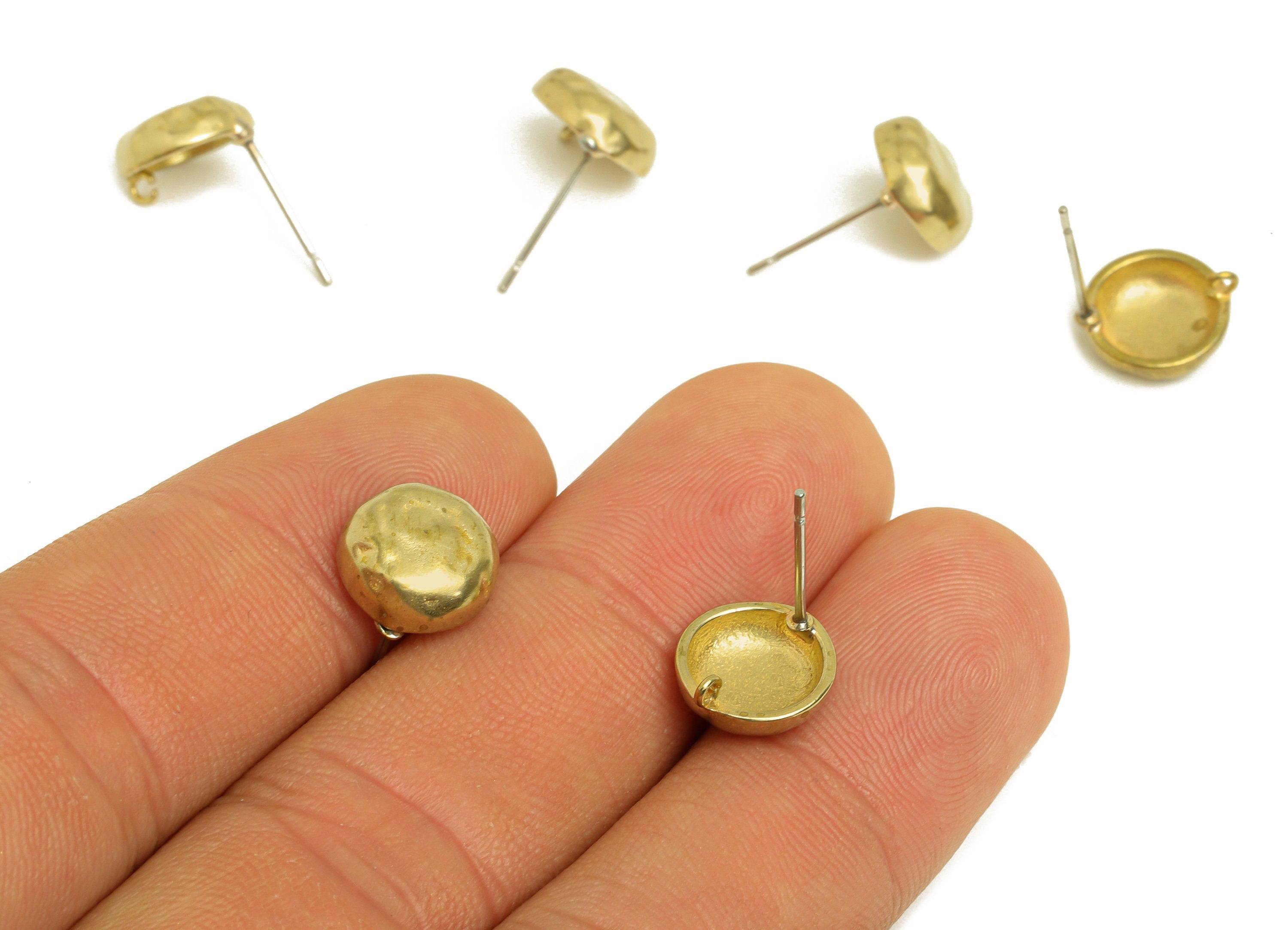 Brass Round Earring Stud - Raw Brass Earring Post With Loop - Hammered Earring Stud - 316 Stainless Steel Post - 11.24x10x3.24mm -PP10742 - DOMEDBAZAAR