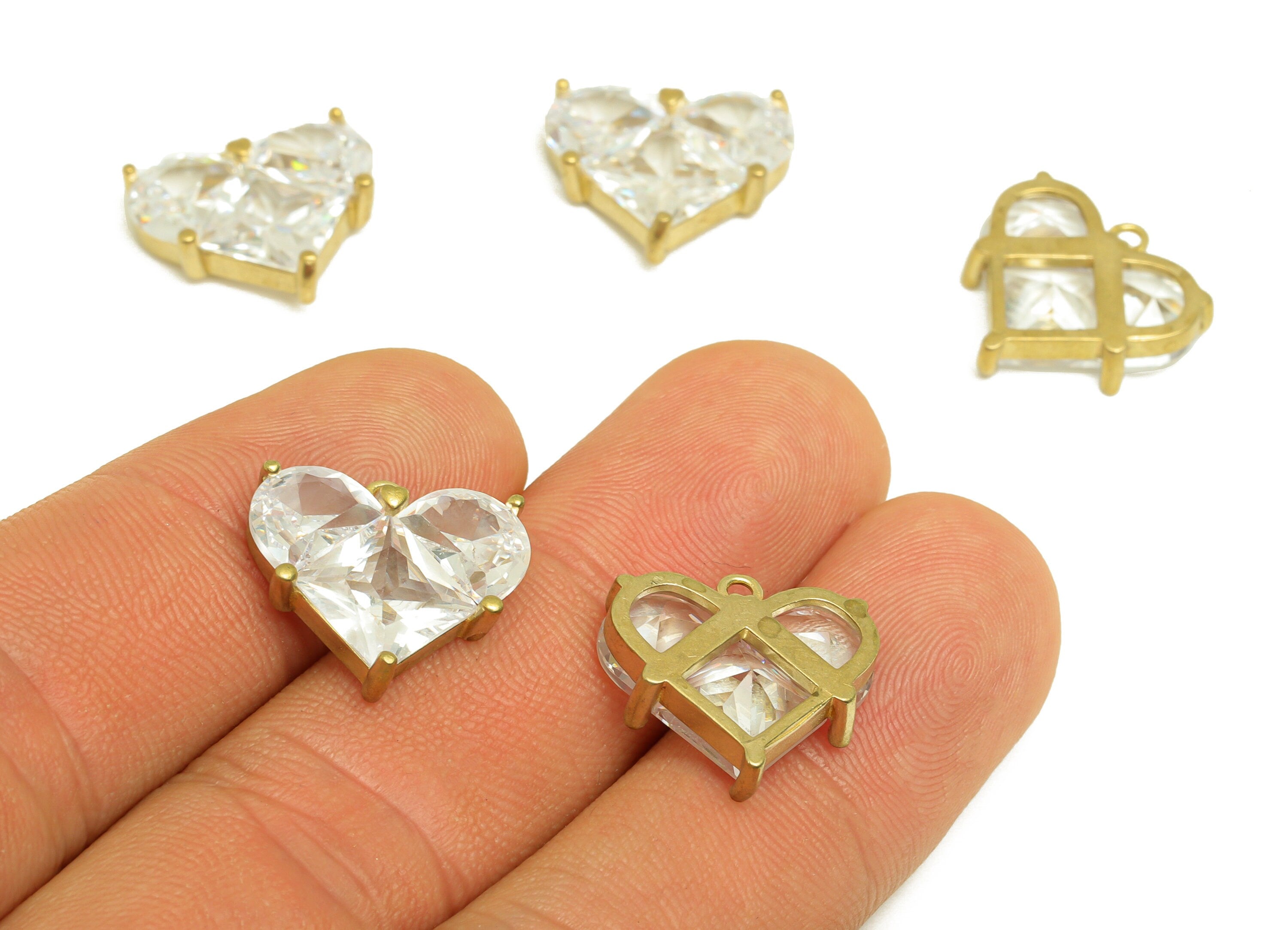 Brass CZ Heart Earring Charm - Raw Brass Zircon Domed Earring Charm - Brass Square Earring Charm - For Pendant - 16.8x15.77x4.8mm - PP10699 - DOMEDBAZAAR