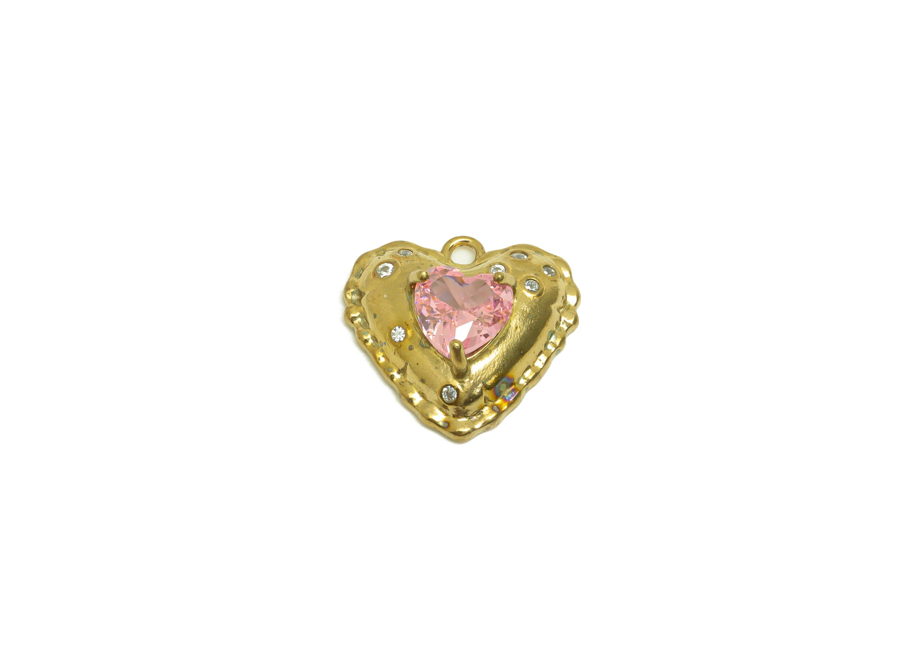 Brass CZ Heart Earring Charm - Raw Brass Zircon Pink Heart Earring Charm - Cubic Heart Earring Charm - For Pendant - 14.5x14.2x5mm - PP10693 - DOMEDBAZAAR