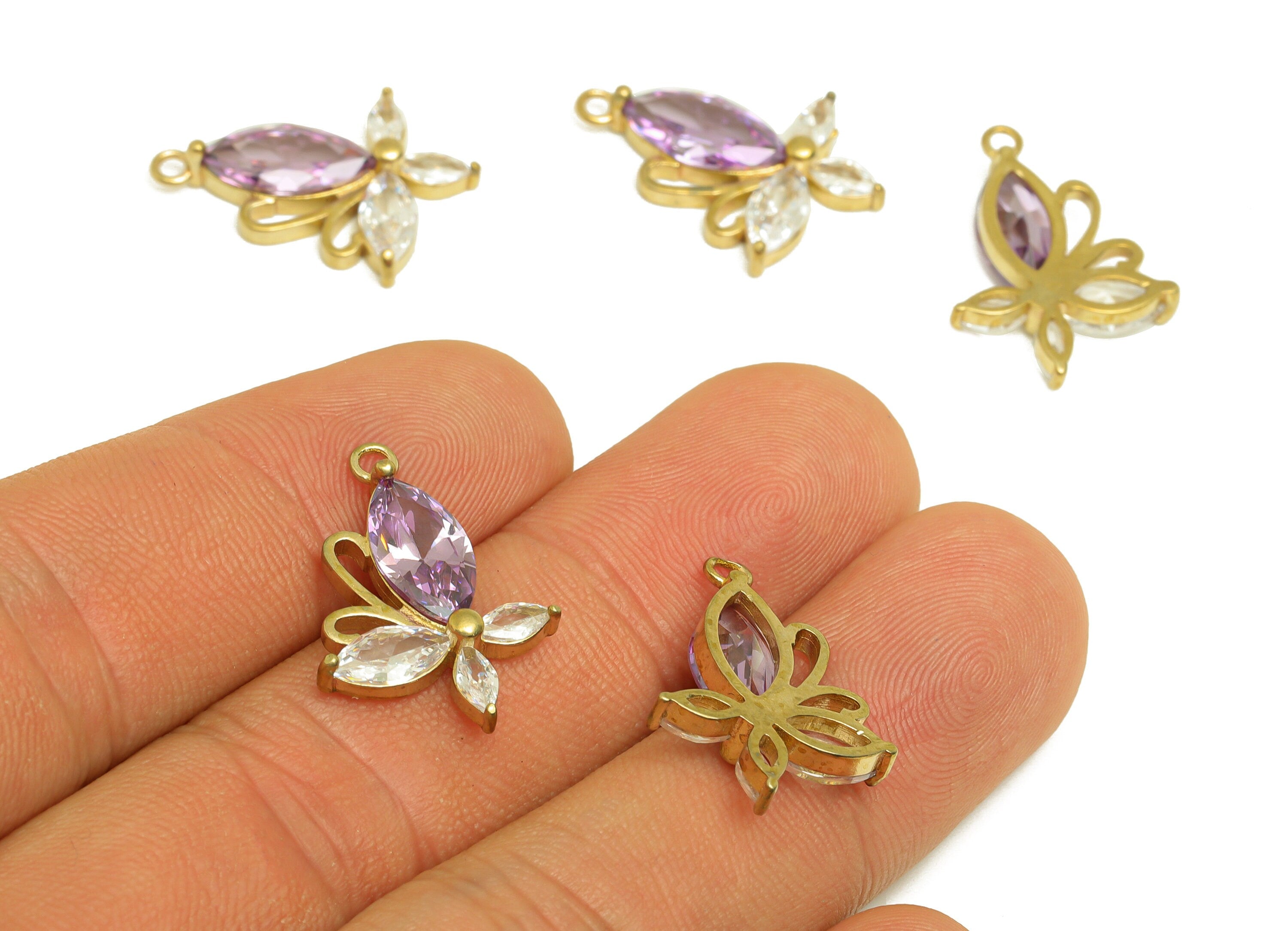 Brass CZ Butterfly Earring Charm - Raw Brass Zircon Marquise Earring Charm - Purple Zircon Earring Charm - 21.9x15.77x4mm - PP10692 - DOMEDBAZAAR