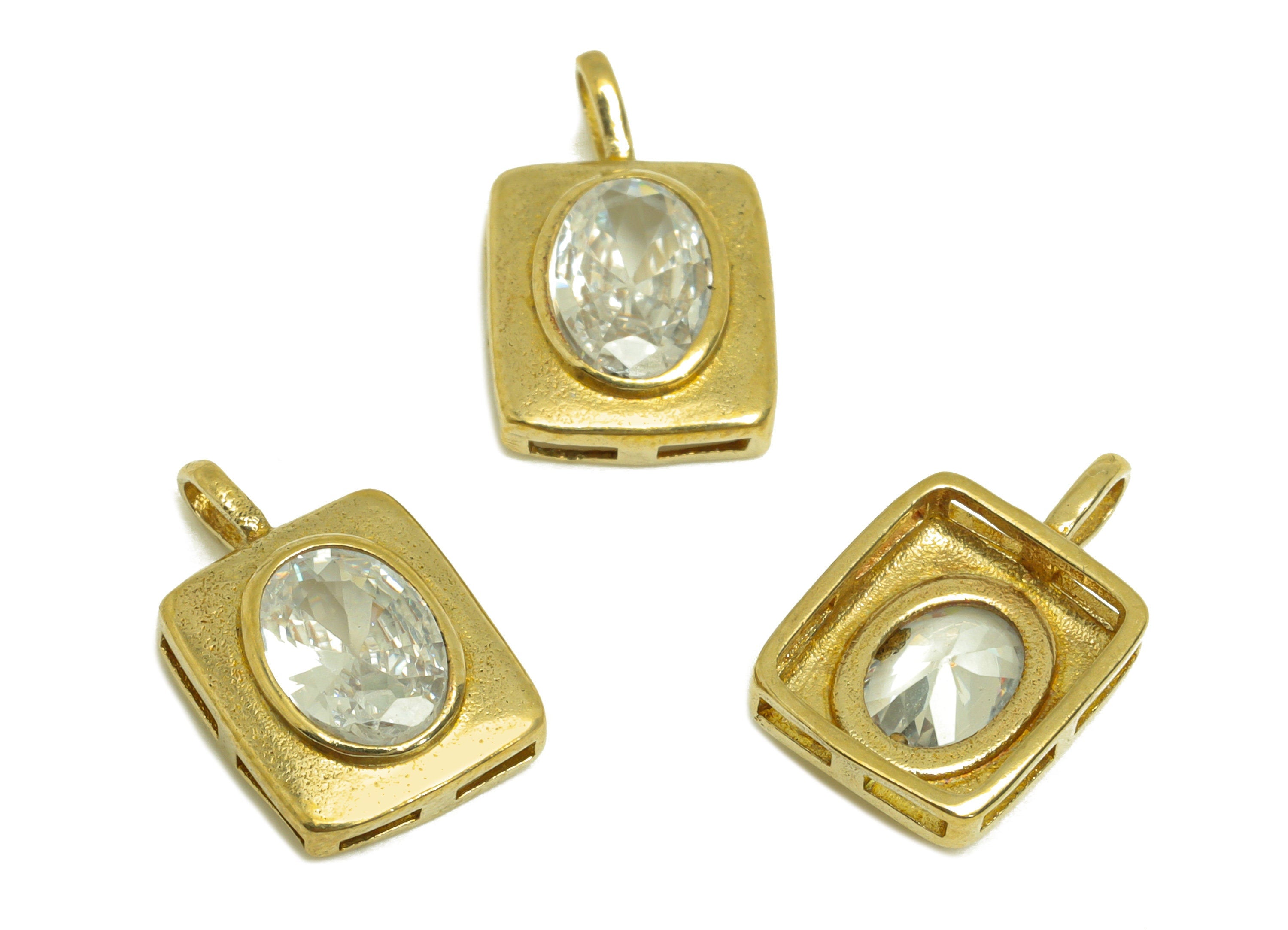 Brass CZ Rectangle Earring Charm - Raw Brass Zircon Oval Earring Charm - Brass Geometry Zircon Charm - For Pendant - 14.2x8.8x3mm - PP10716 - DOMEDBAZAAR