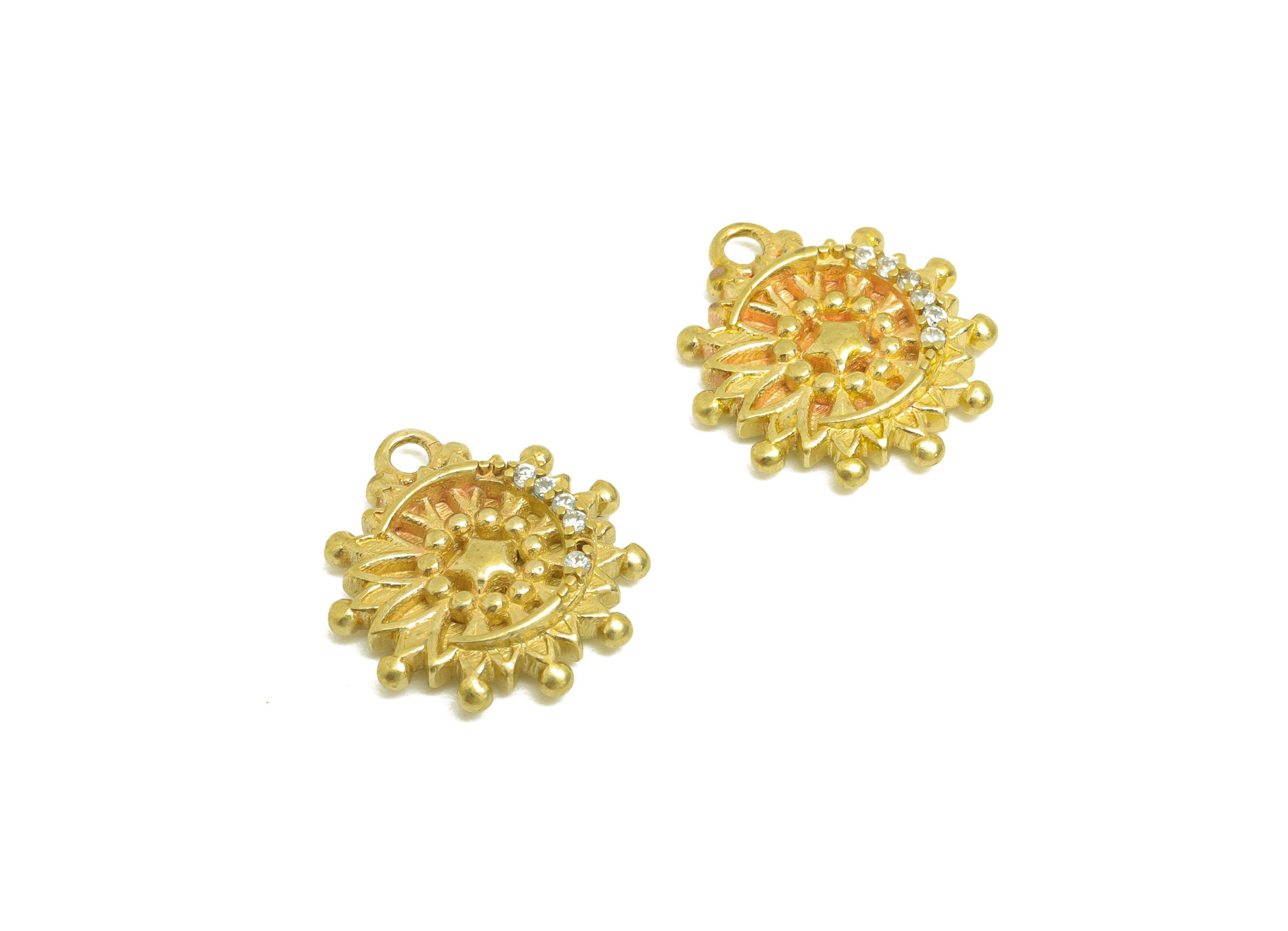 Brass CZ Star Earring Charm - Raw Brass Zircon Sunflower Earring Charm - Textured Sunflower Earring Charm - For Pendant - 13x11x2mm- PP10707 - DOMEDBAZAAR