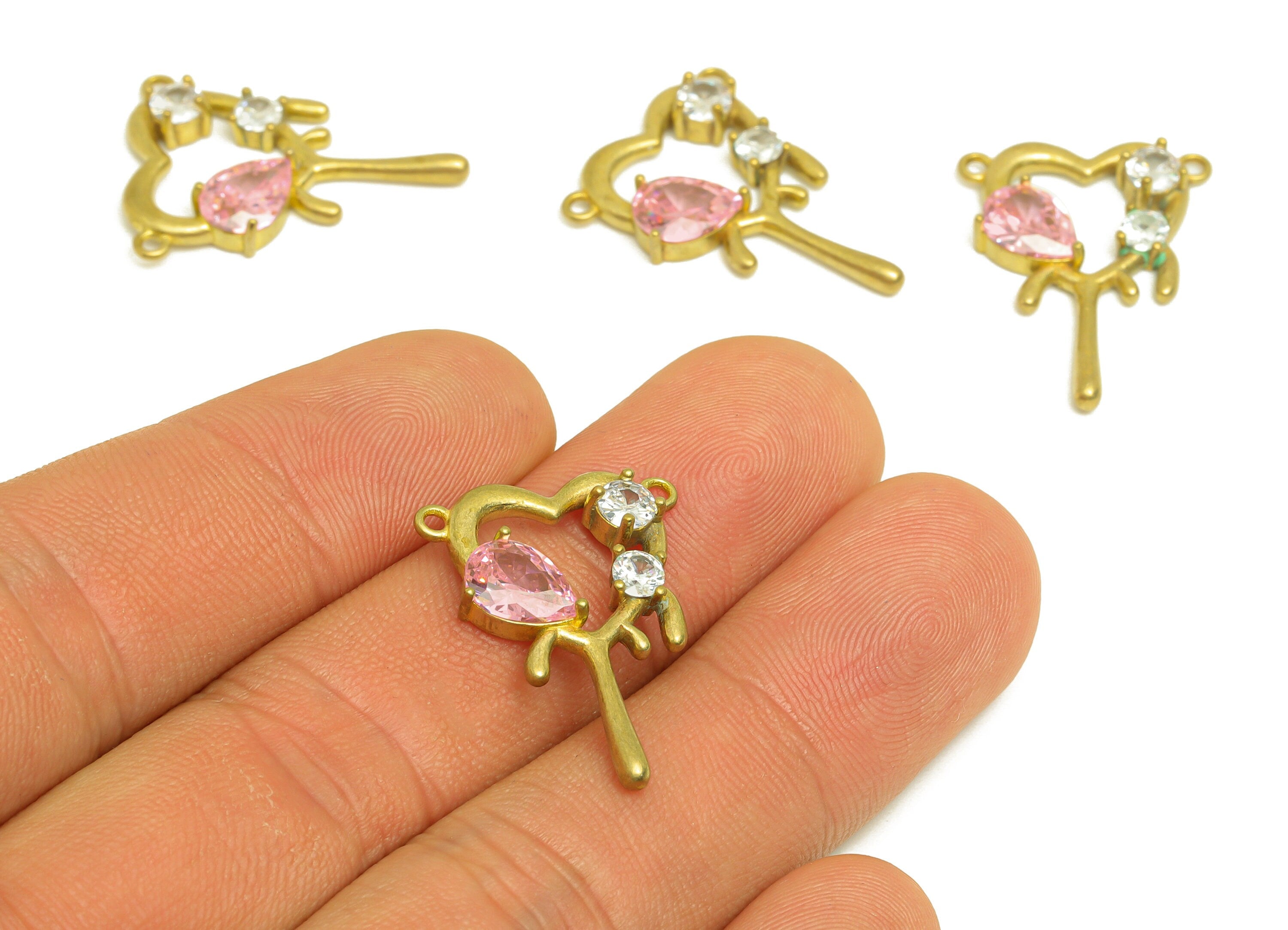 Brass CZ Heart Earring Charm - Raw Brass Zircon Pink Teardrop Earring Charm - White Round Earring Charm - 25.5x18.9x3.8mm - PP10696 - DOMEDBAZAAR