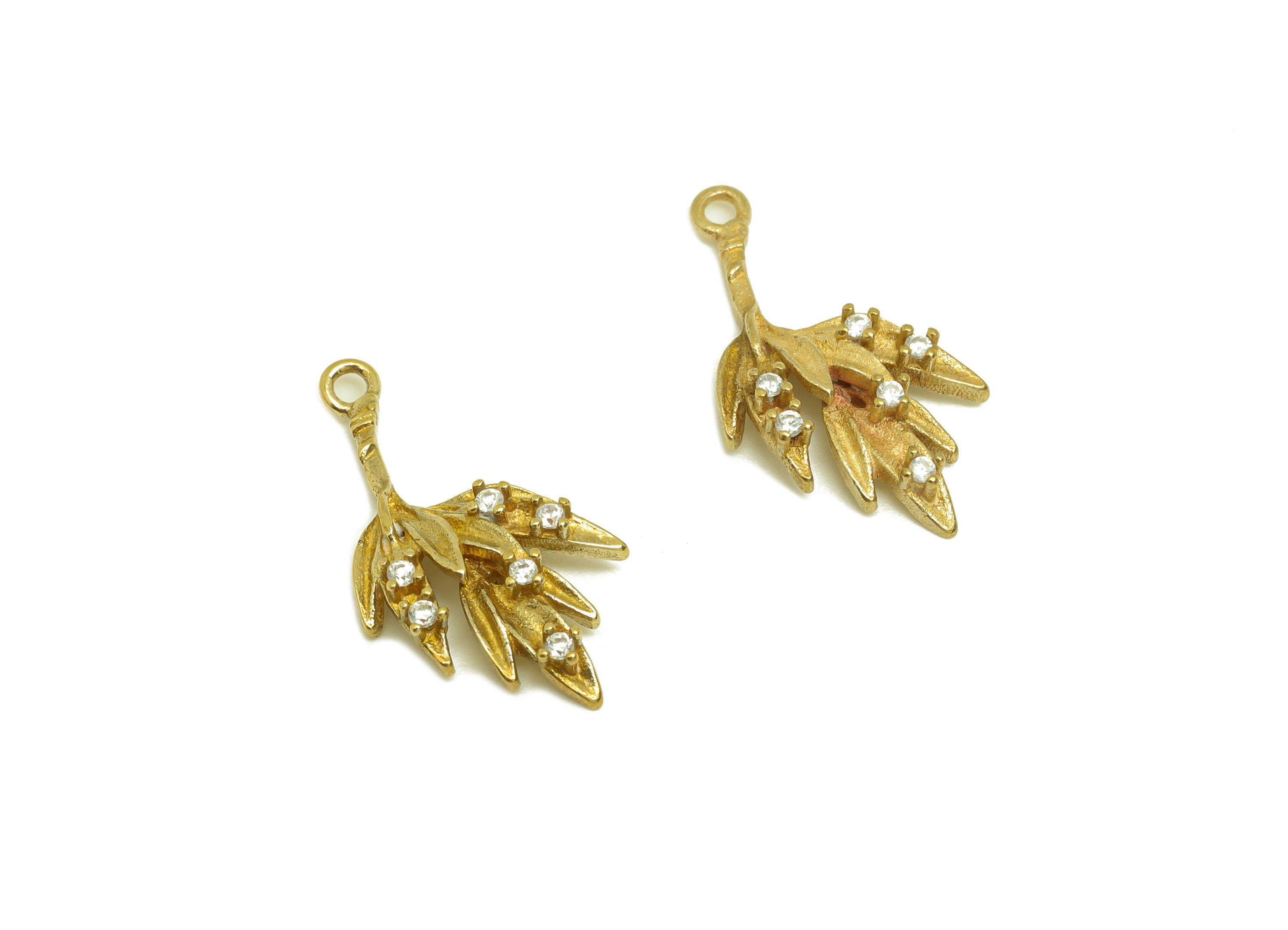 Brass CZ Leaf Earring Charm - Raw Brass Zircon Leaf Earring Charm - Brass Zircon Botanical Earring Charm - 20.6x9.88x3.54mm - PP10734 - DOMEDBAZAAR