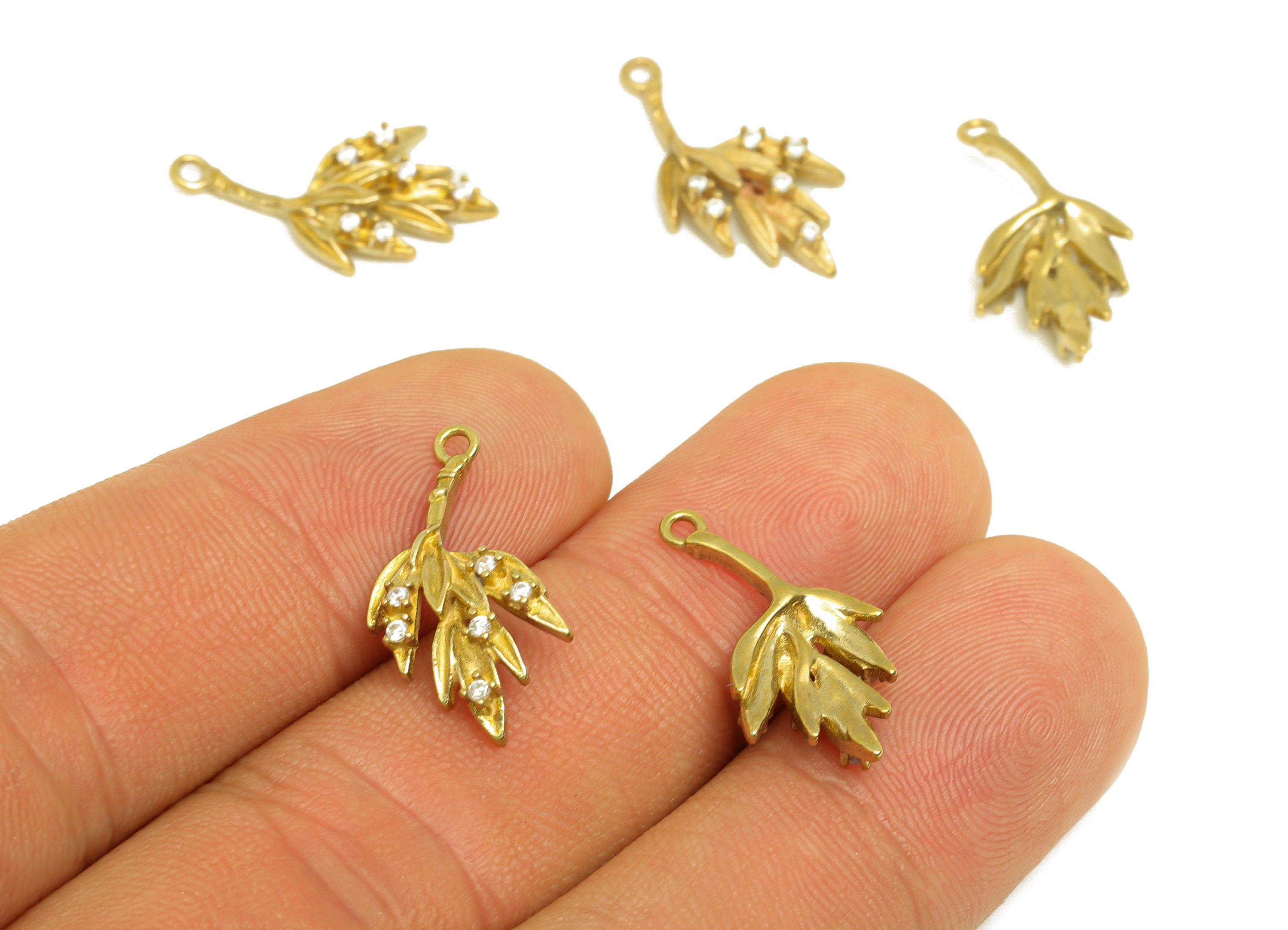 Brass CZ Leaf Earring Charm - Raw Brass Zircon Leaf Earring Charm - Brass Zircon Botanical Earring Charm - 20.6x9.88x3.54mm - PP10734 - DOMEDBAZAAR