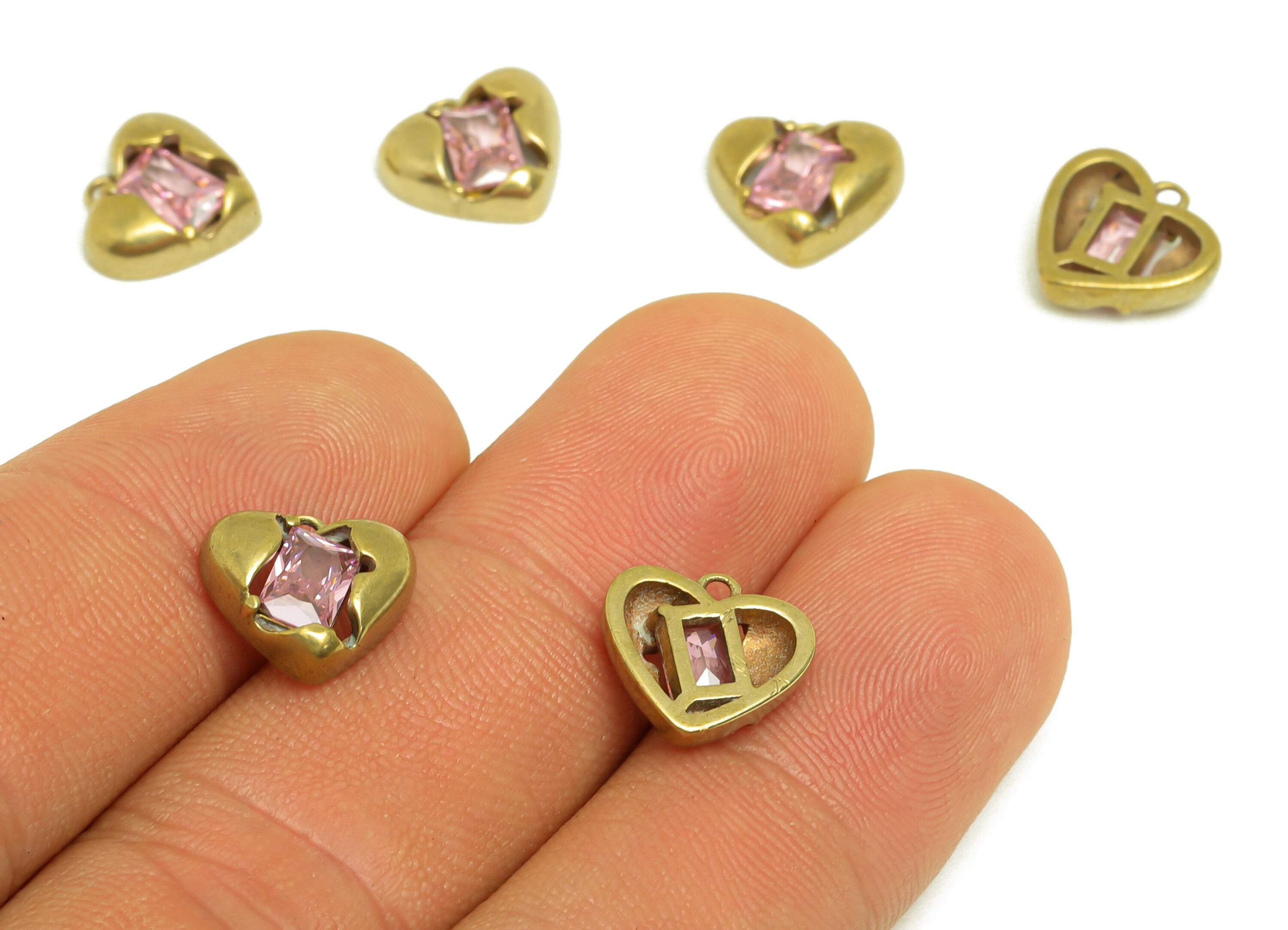 Brass CZ Heart Earring Charm - Raw Brass Cubic Zircon Heart Earring Charm - Brass Pink Rectangle Earring Charm - 11.5x10.6x3.6mm - PP10702 - DOMEDBAZAAR
