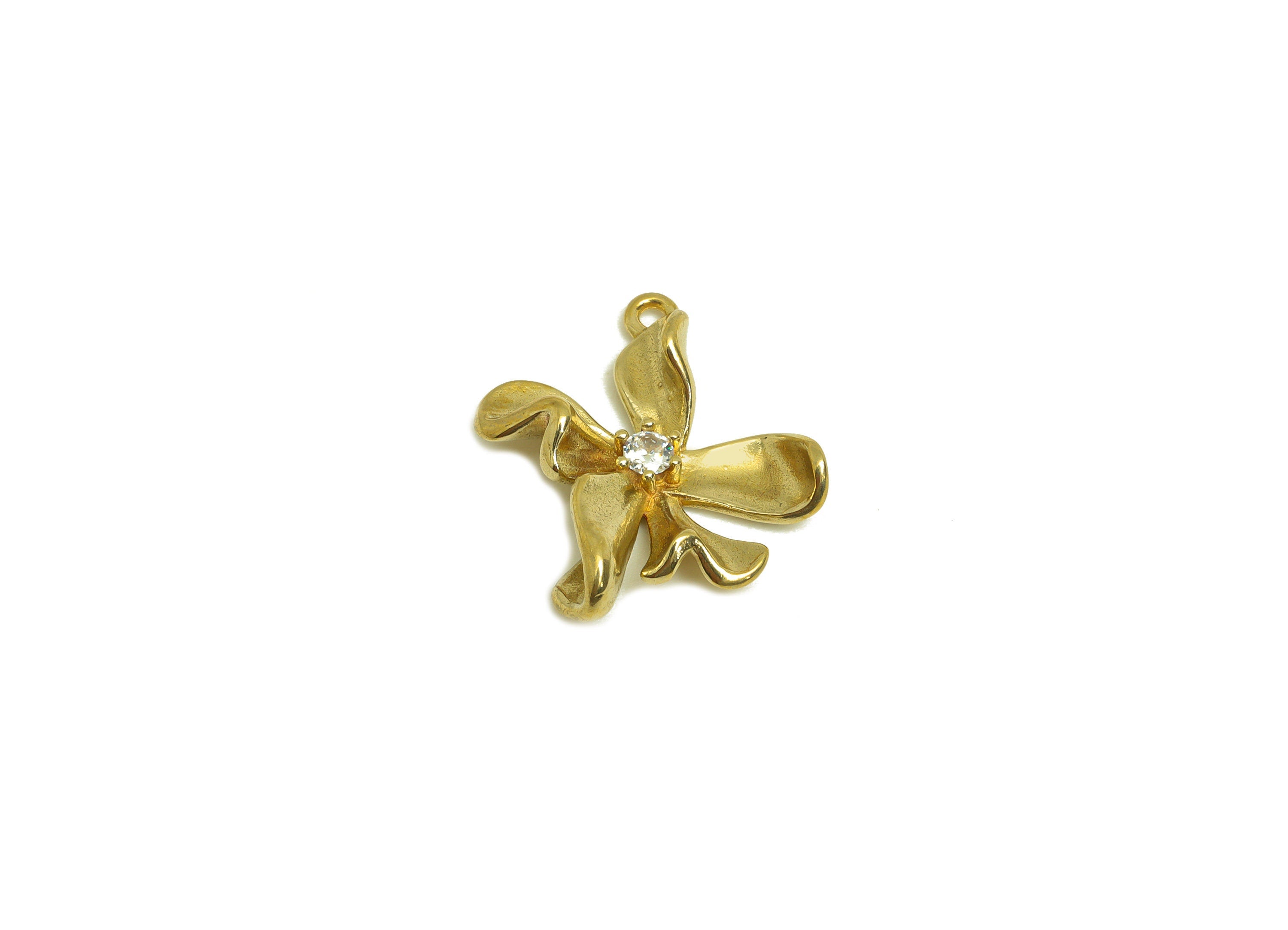 Brass CZ Flower Earring Charm - Raw Brass Cubic Zircon Wavy Daisy Charm - Brass Botanical Earring Charm - 19.8x15x4.7mm - PP10724 - DOMEDBAZAAR