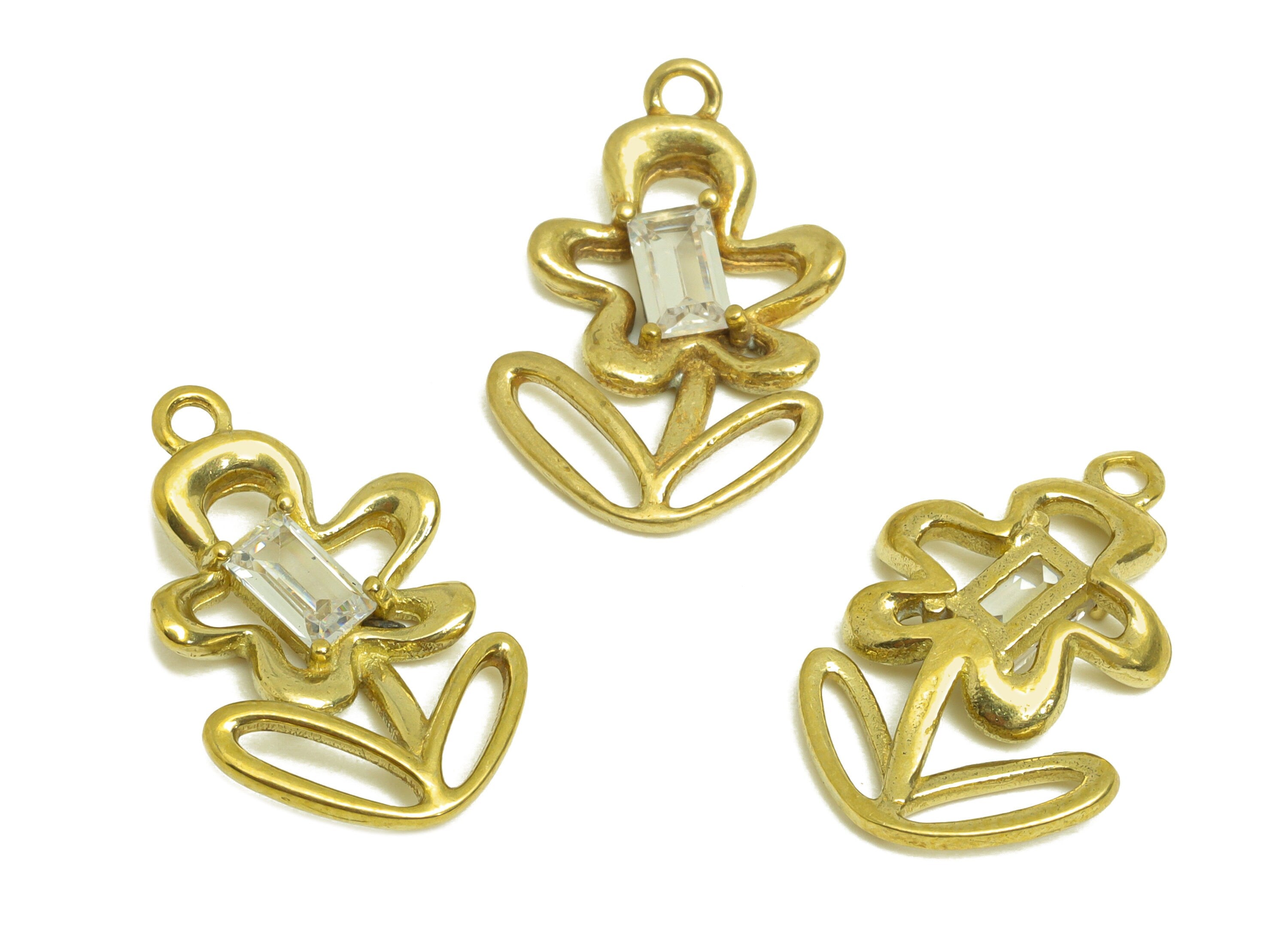 Brass CZ Flower Earring Charm - Raw Brass Cubic Zircon Rectangle Botanical Charm - Brass Bouquet Earring Charm - 18.6x12x3mm - PP10715 - DOMEDBAZAAR
