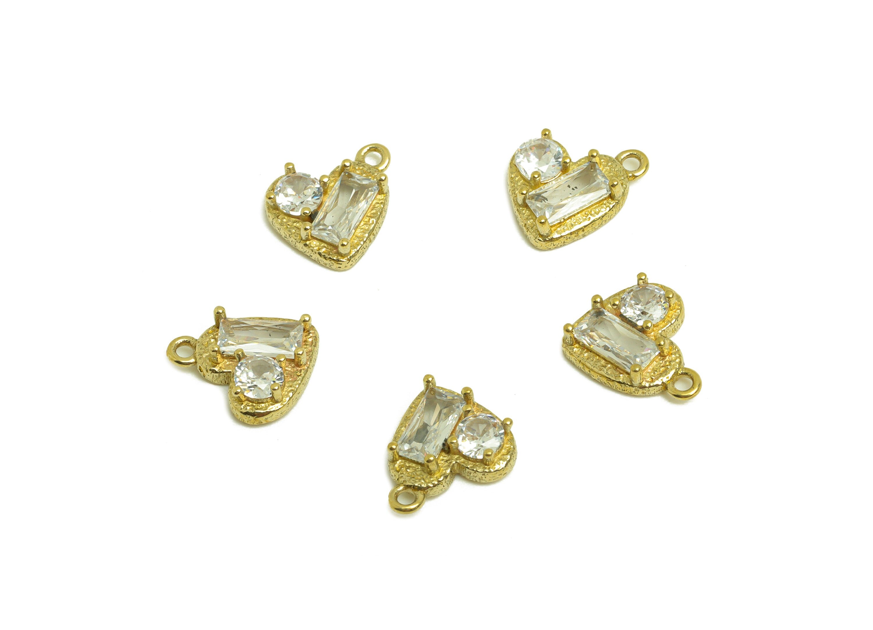 Brass CZ Heart Earring Charm - Raw Brass Cubic Zircon Rectangle Charm - Brass Round Zircon Earring Charm - 9.18x9x3.44mm - PP10703 - DOMEDBAZAAR