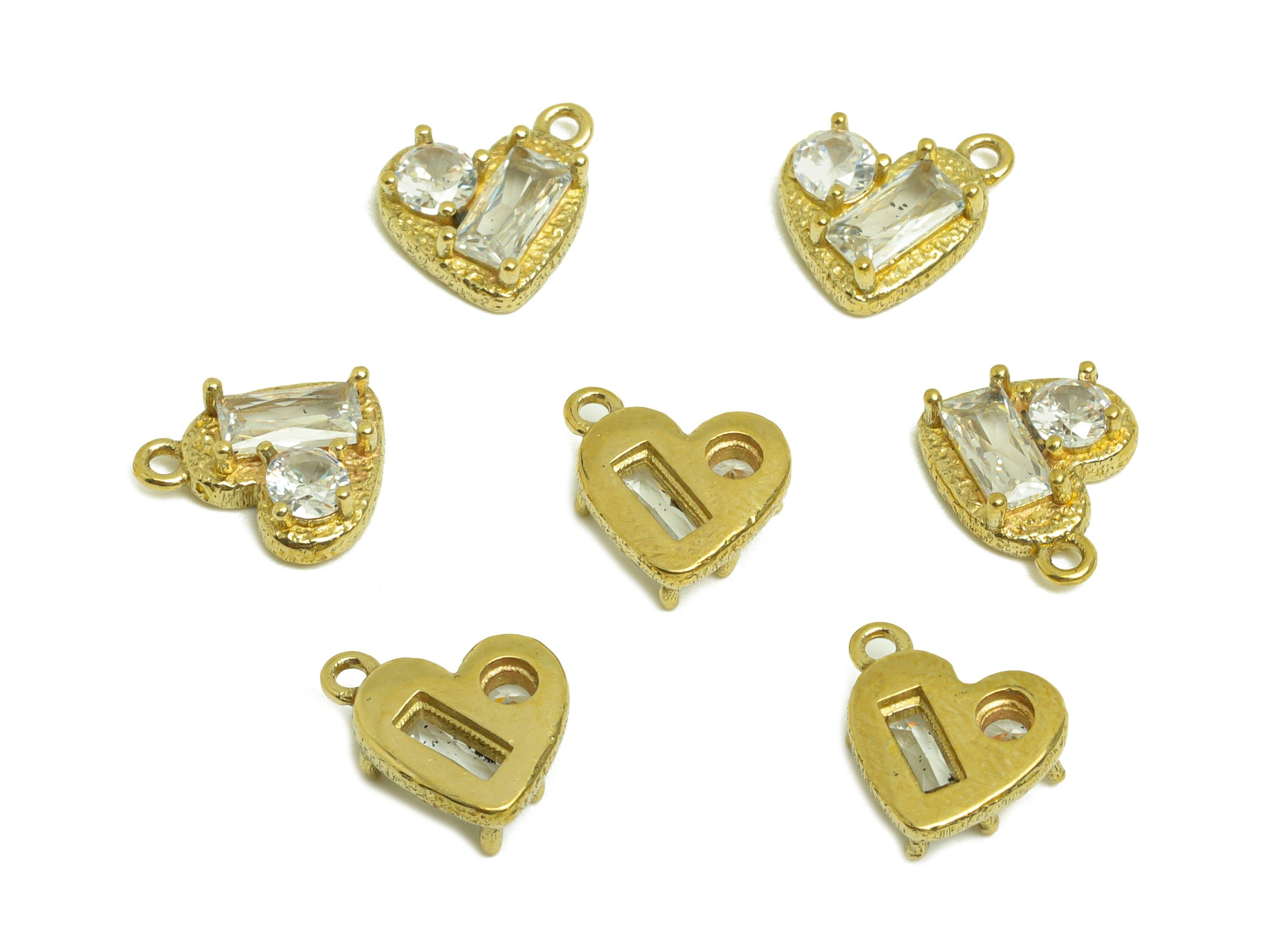 Brass CZ Heart Earring Charm - Raw Brass Cubic Zircon Rectangle Charm - Brass Round Zircon Earring Charm - 9.18x9x3.44mm - PP10703 - DOMEDBAZAAR