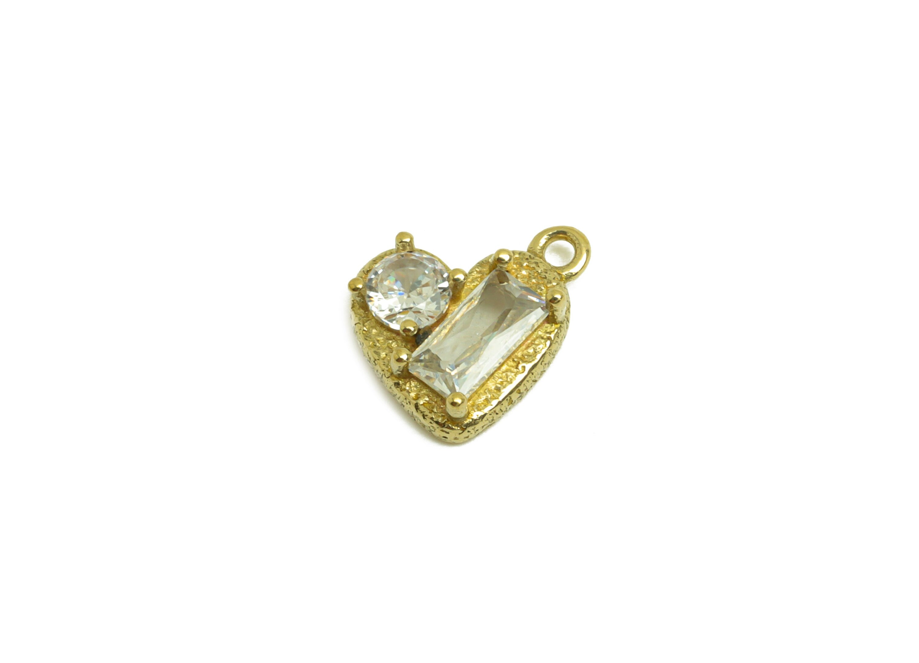 Brass CZ Heart Earring Charm - Raw Brass Cubic Zircon Rectangle Charm - Brass Round Zircon Earring Charm - 9.18x9x3.44mm - PP10703 - DOMEDBAZAAR