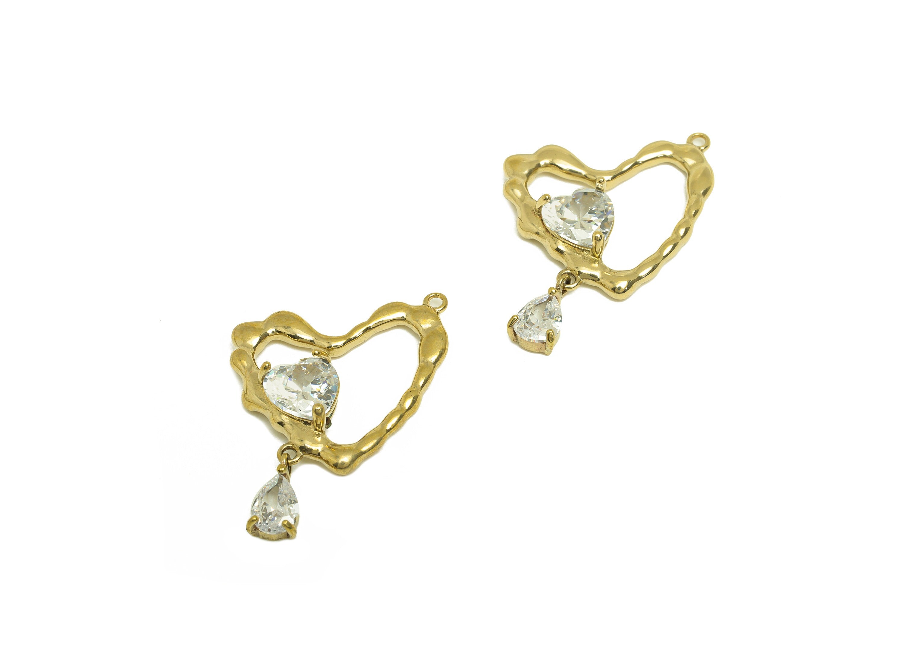 Brass CZ Heart Earring Charm - Raw Brass Cubic Zircon Teardrop Charm - Brass Textured Drop Heart Zircon Earring Charm - 23x22x5mm - PP10709 - DOMEDBAZAAR