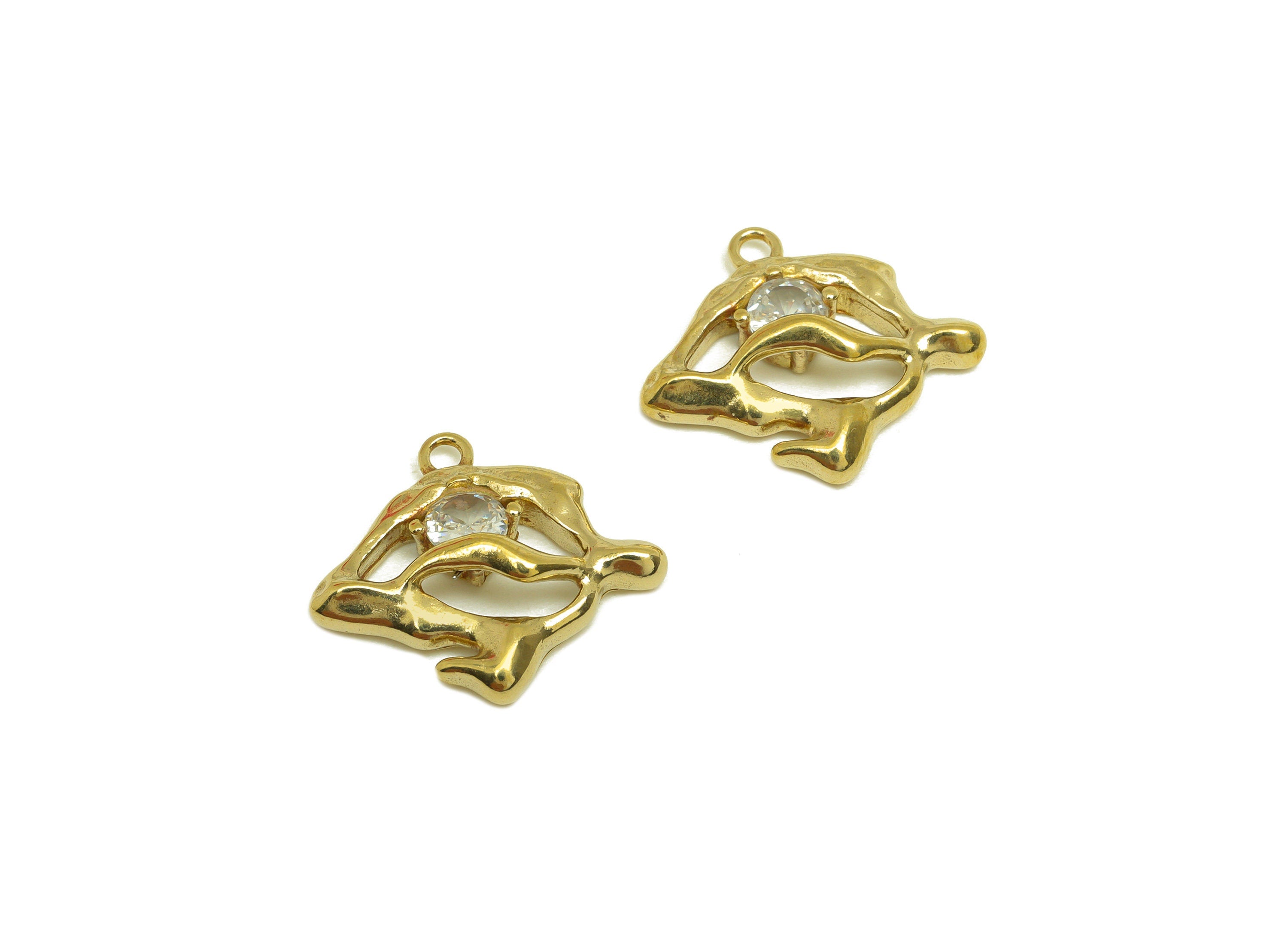 Brass CZ Geometry Earring Charm - Raw Brass Cubic Zircon Abstract Charm - Brass Wavy Zircon Earring Charm - 17x15.66x4.4mm - PP10739 - DOMEDBAZAAR