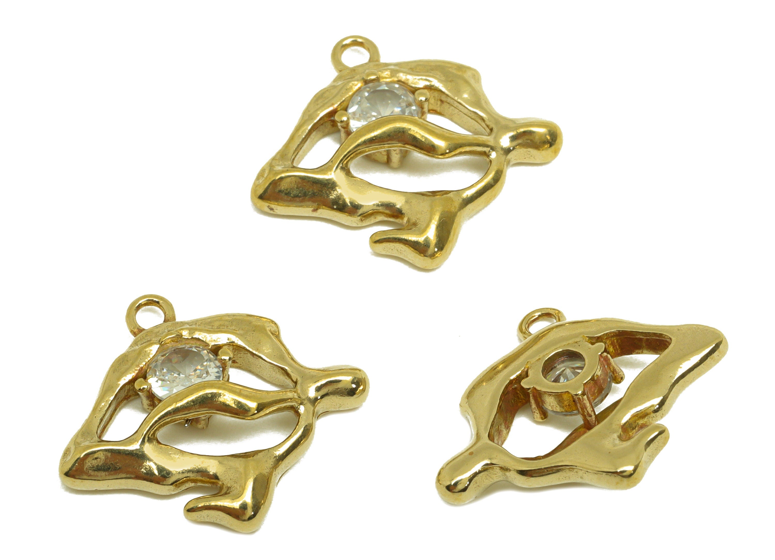 Brass CZ Geometry Earring Charm - Raw Brass Cubic Zircon Abstract Charm - Brass Wavy Zircon Earring Charm - 17x15.66x4.4mm - PP10739 - DOMEDBAZAAR