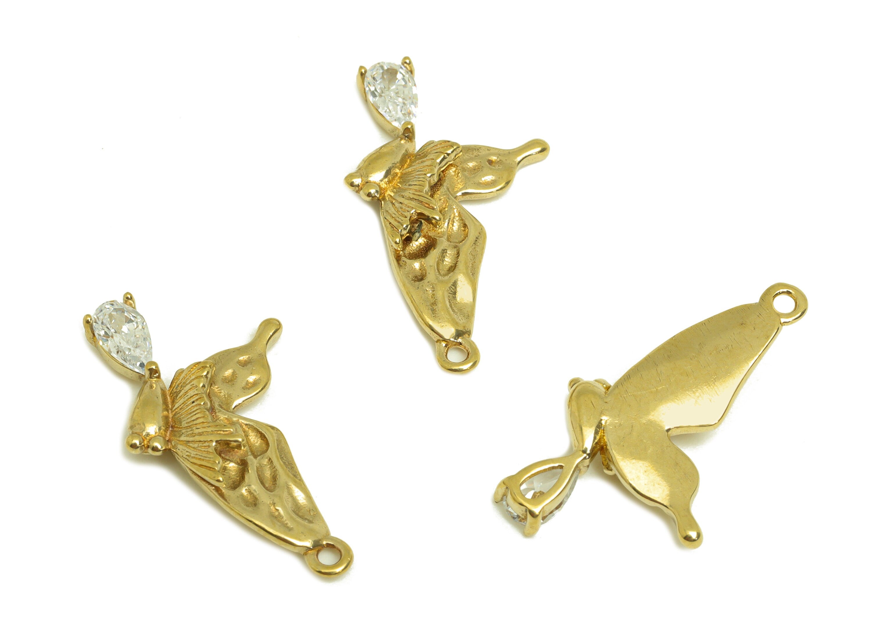 Brass CZ Butterfly Earring Charm - Raw Brass Cubic Zircon Teardrop Charm - Brass Textured Butterfly Earring Charm - 21.3x11x3.3mm - PP10726 - DOMEDBAZAAR