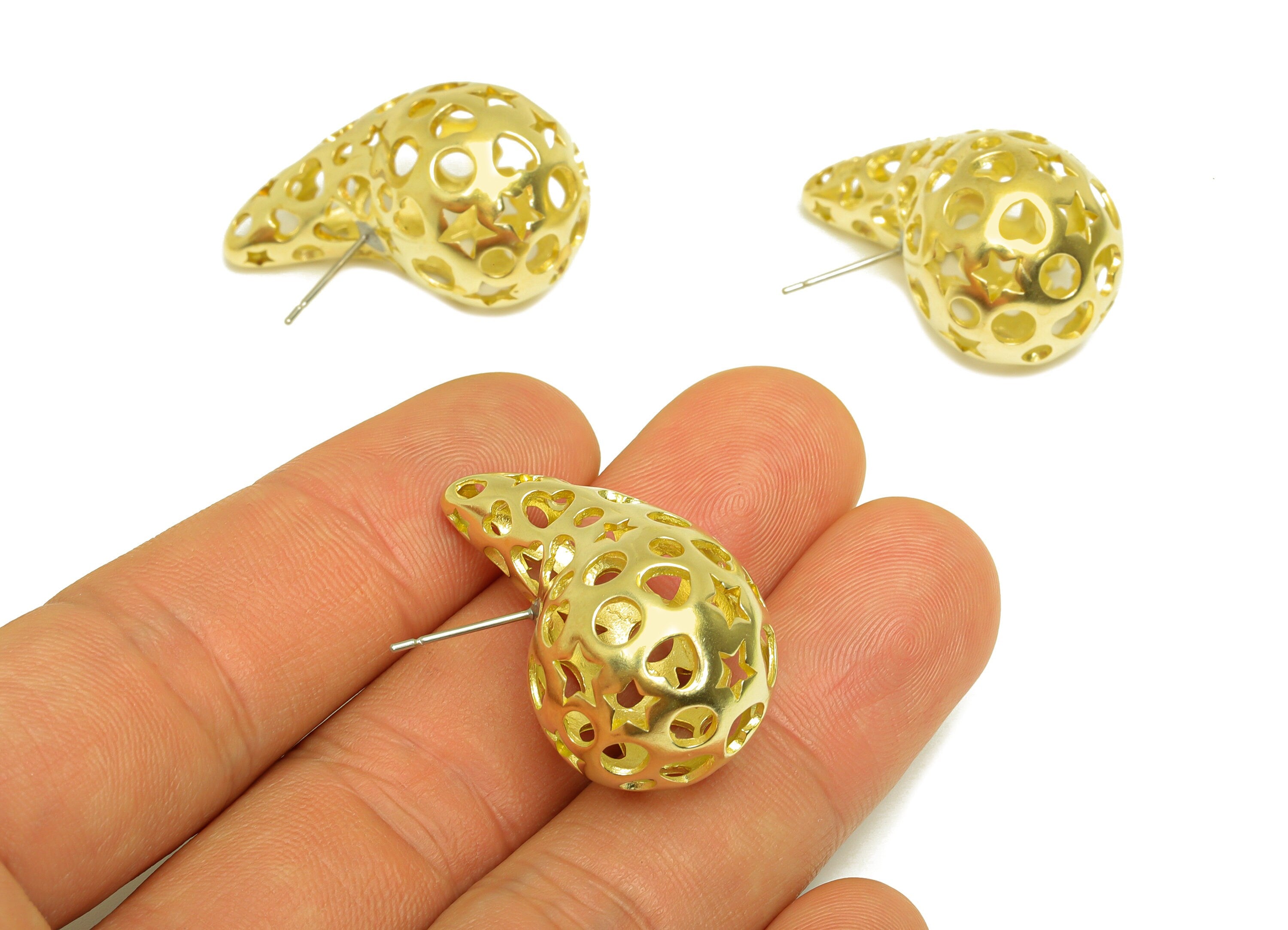 32mm Thick Drop Earring Stud - Raw Brass Heart Earring Post - Teardrop Star Earring Post - Hollow Teardrop Earring - 32x19.6x18mm - PP10509 - DOMEDBAZAAR