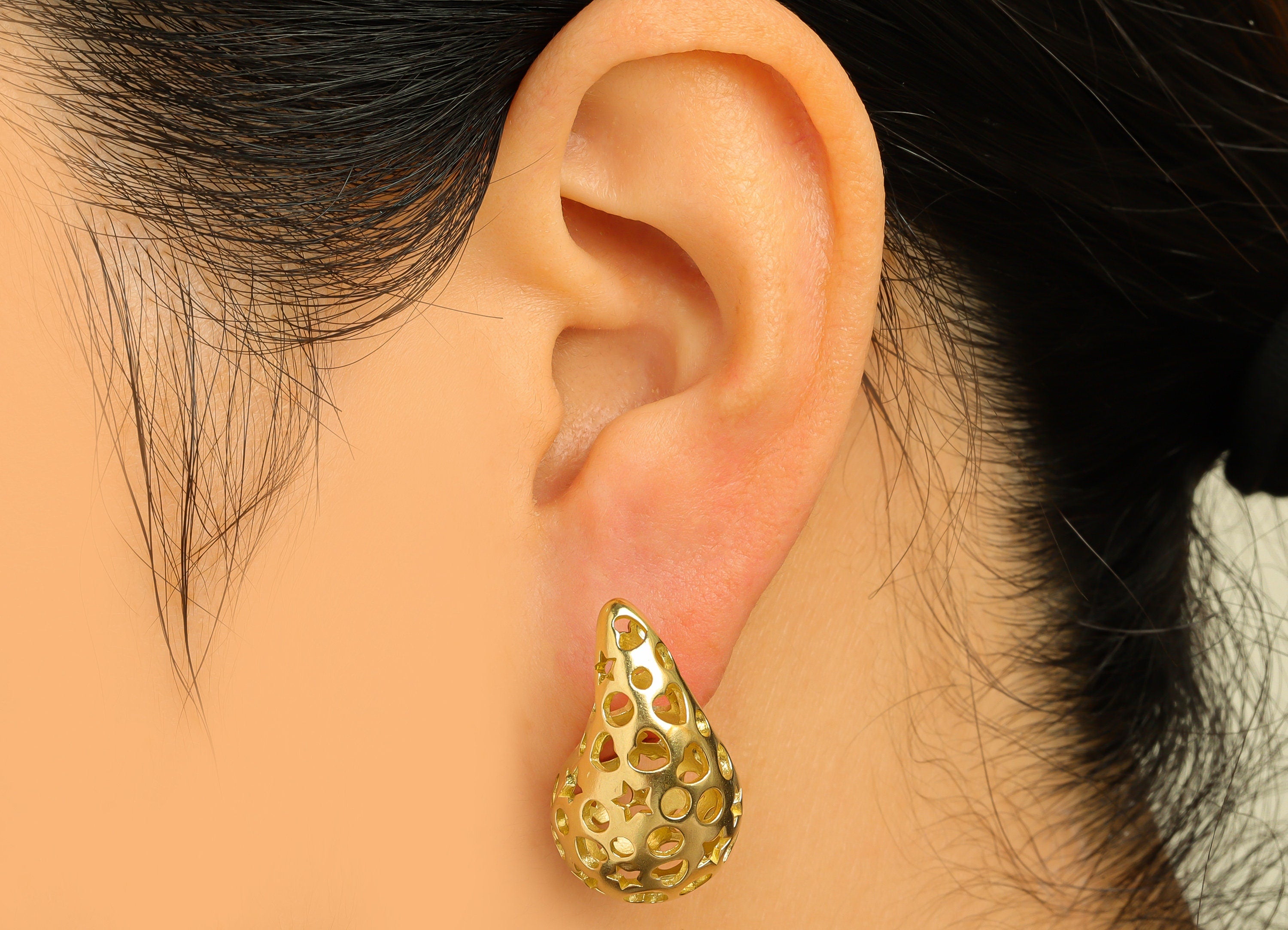 26mm Thick Drop Earring Stud - Raw Brass Heart Earring Post - Teardrop Star Earring Post - Hollow Teardrop Earring - 26x16x15mm - PP10510 - DOMEDBAZAAR