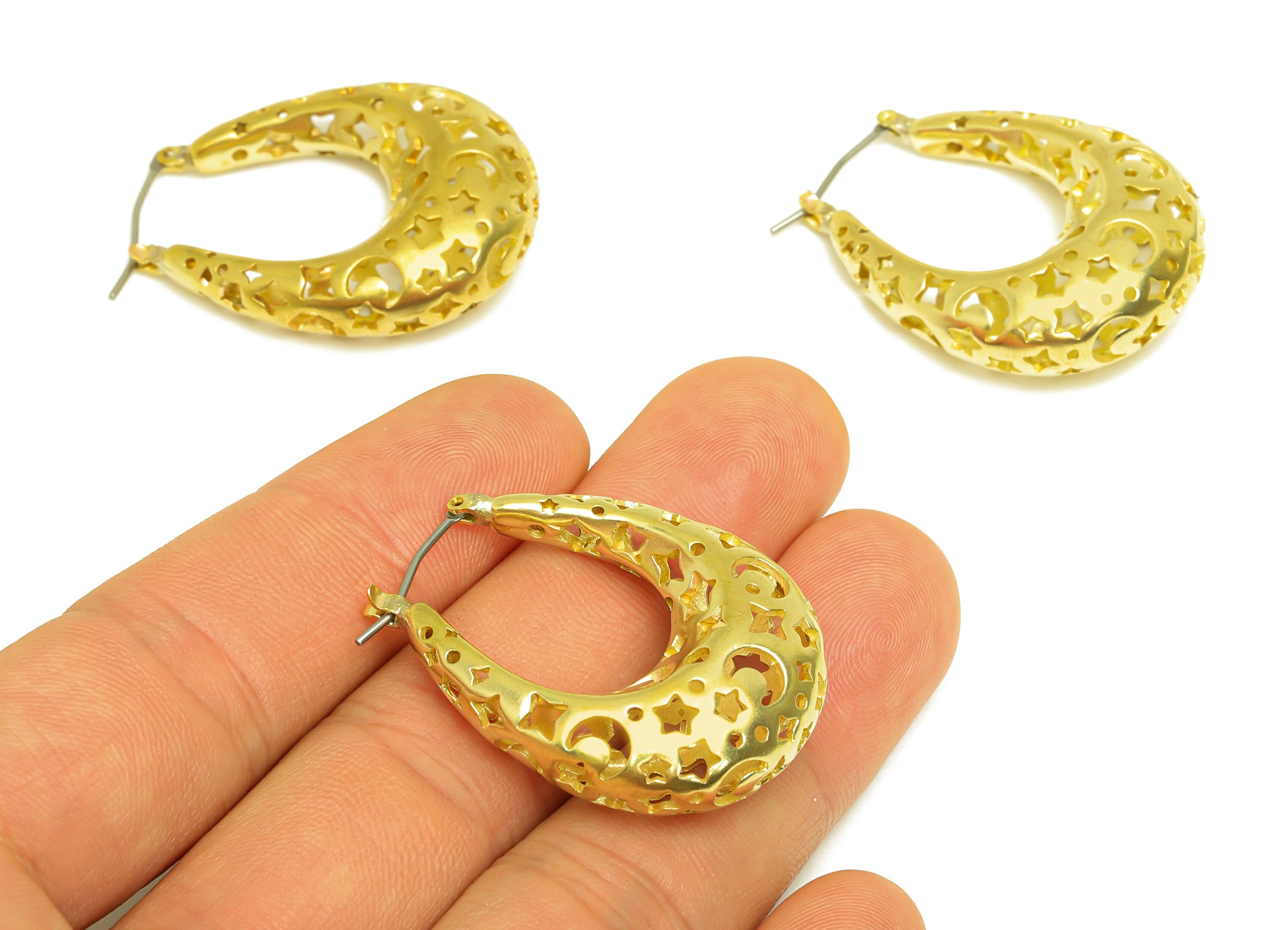 36mm Thick Hoop Earring Stud - Raw Brass Hinged Back Earring Post - Crescent Hoop Earring Post Earring - Hinged Back - 36x27x11mm - PP10517 - DOMEDBAZAAR