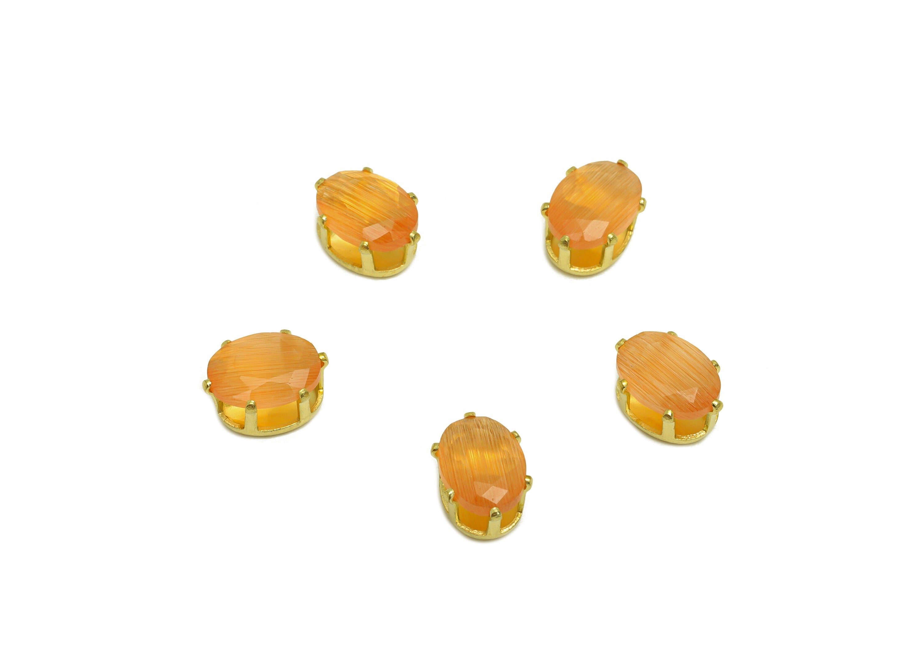 6x8mm Brass CZ Oval Earring Charm - Raw Brass Orange Diamond Pendant - Brass Cat Eye Cubic Zircon Diamond Charm  - 8x6x5mm - PP10537 - DOMEDBAZAAR