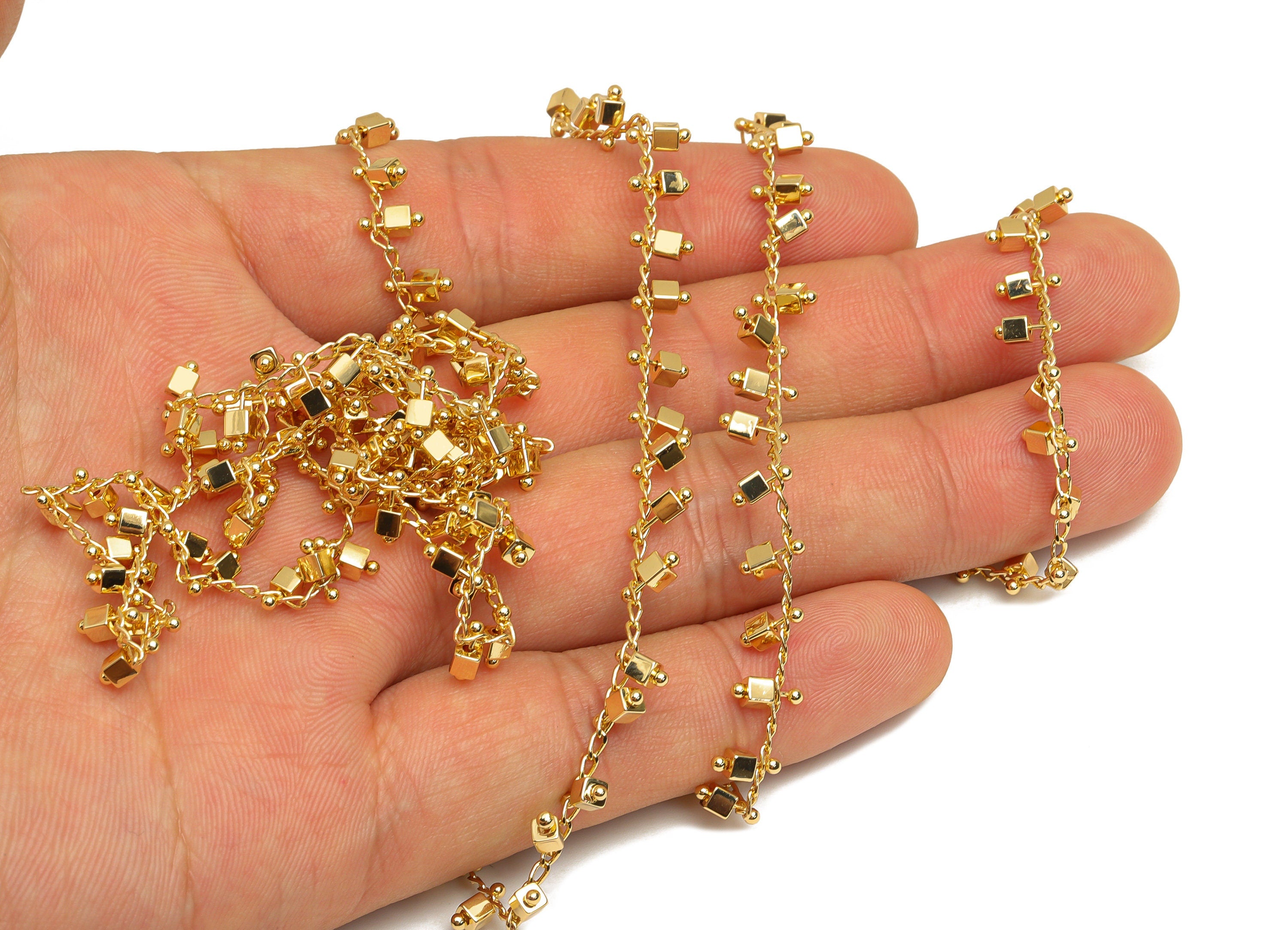 Brass Cube Satellite Cable Chain - Cube Beaded Chain - Brass Mini Chunky Chain - Bracelet Chain - 18K Real Gold Plating - 2x6x2mm - RGP6757 - DOMEDBAZAAR