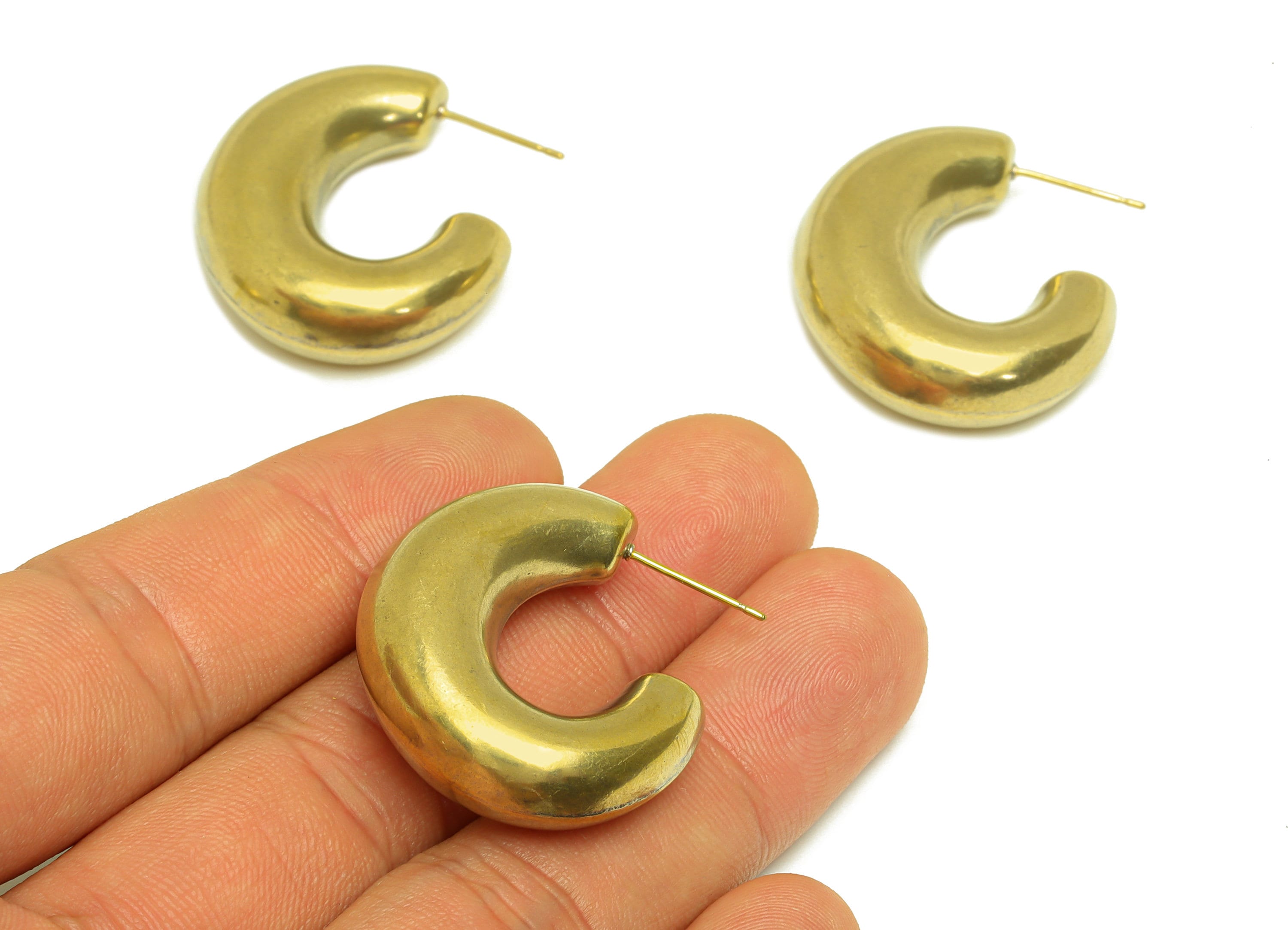 Brass Hoop Thick Earring Stud - Raw Brass Thick Oval Earring Post - Brass Open Oval Earring Post - 925 Silver Stud - 33.5x29x10mm - PP10562 - DOMEDBAZAAR