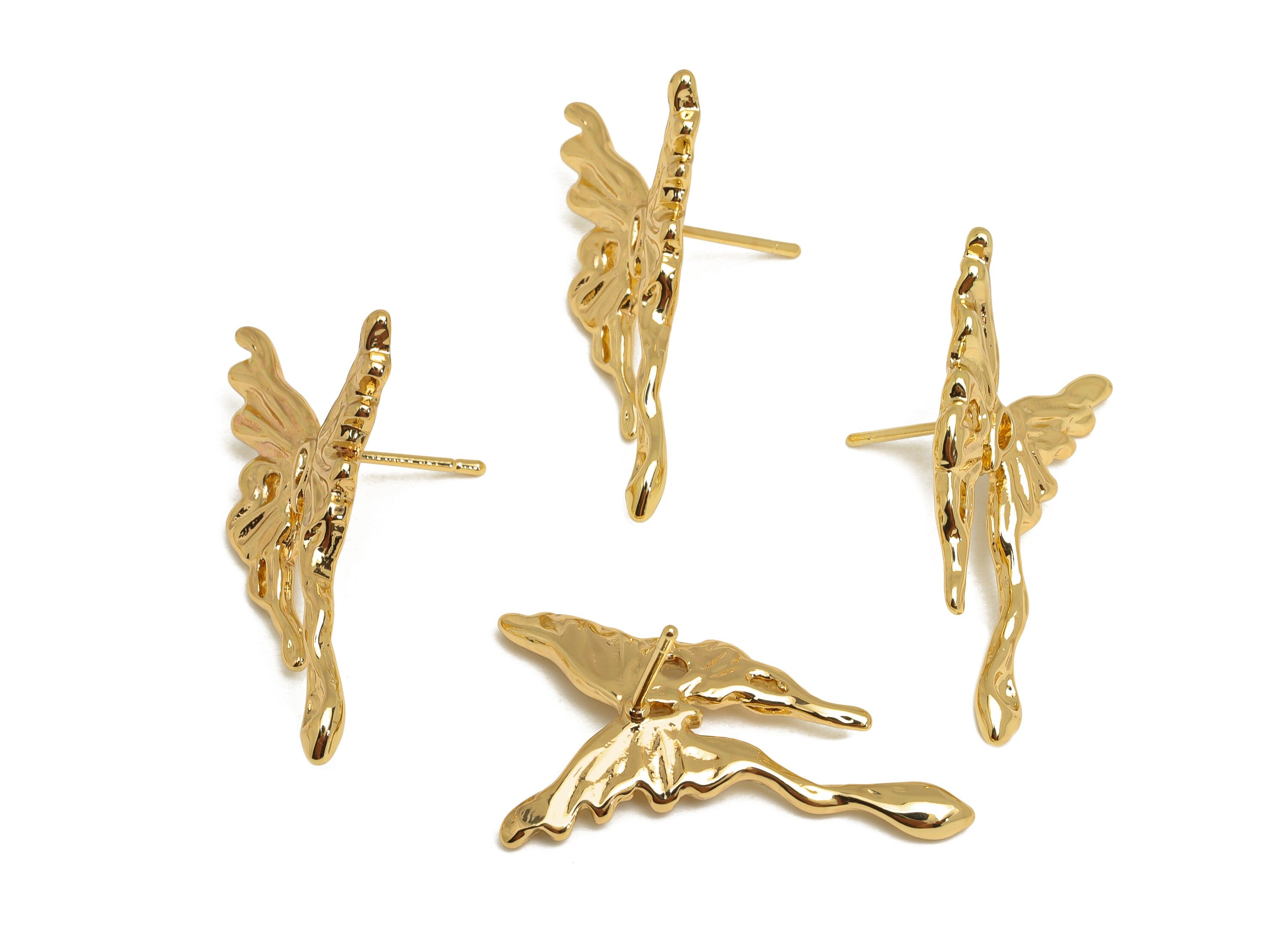 Brass Butterfly Earring Post - Brass Textured Butterfly Earring Stud - Brass Meth Earring Post - 18K Real Gold Plating - 32x17x1mm - RGP6764 - DOMEDBAZAAR