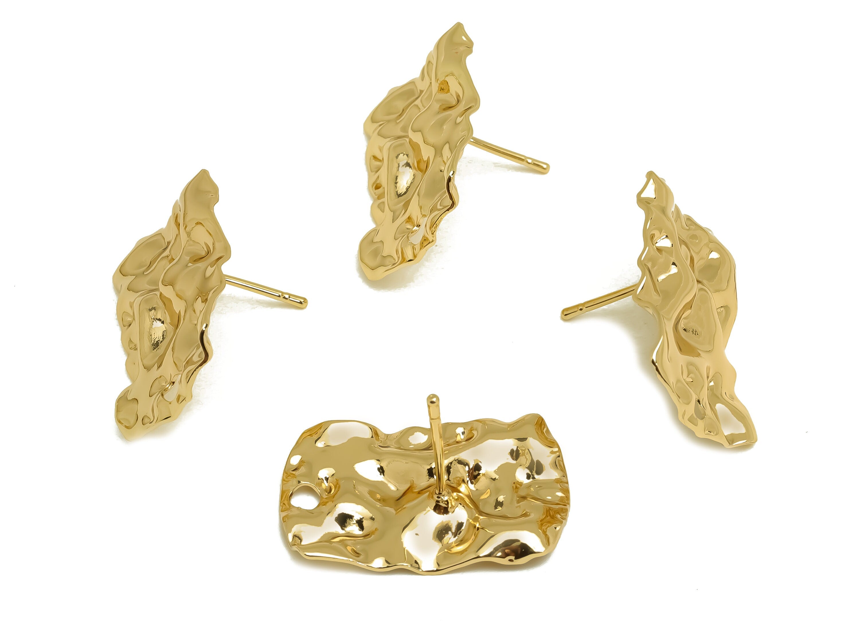 Brass Rectangle Earring Post - Brass Hammered Rectangle Earring Stud - Geometry Earring Post - 18K Real Gold Plating - 25x15x1mm - RGP6770 - DOMEDBAZAAR